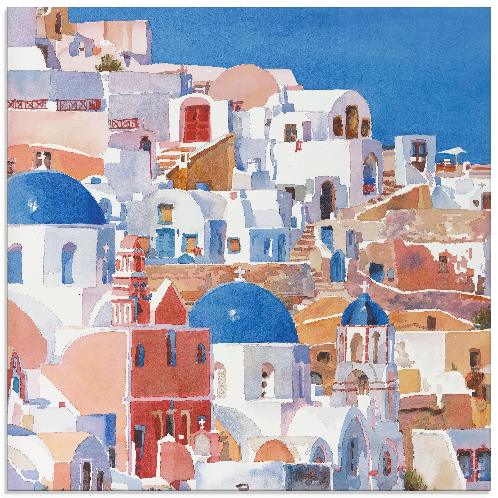 Artland Glasbild »Wasserfarben Santorini II«, Griechenland, (1 St.)