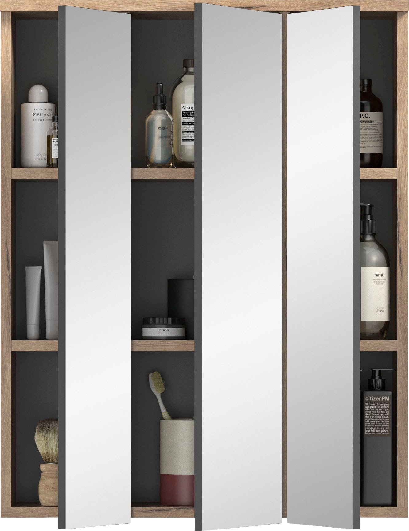 INOSIGN Badezimmerspiegelschrank »Riga, Breite 60cm, inkl. LED Beleuchtung, 3 Spiegeltüren, 9 Fächer«, (Set, 2 St.), Badmöbel, Badschrank, Schrank, Wandschrank, Bad, Badezimmer