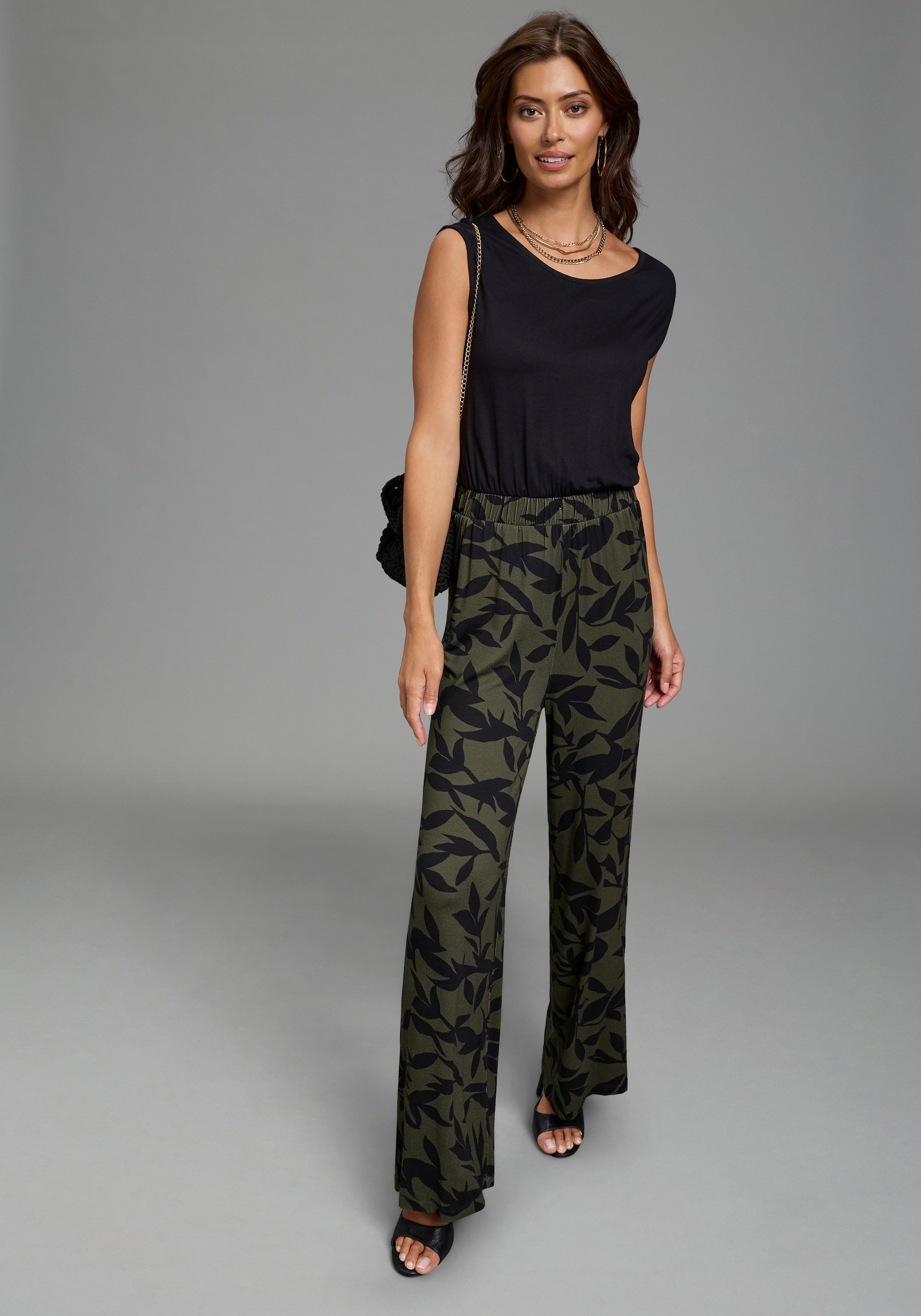 Laura Scott Jumpsuit 2-in-1-Look, einfarbiges Oberteil, geblümte Hose, Viskose-Jersey