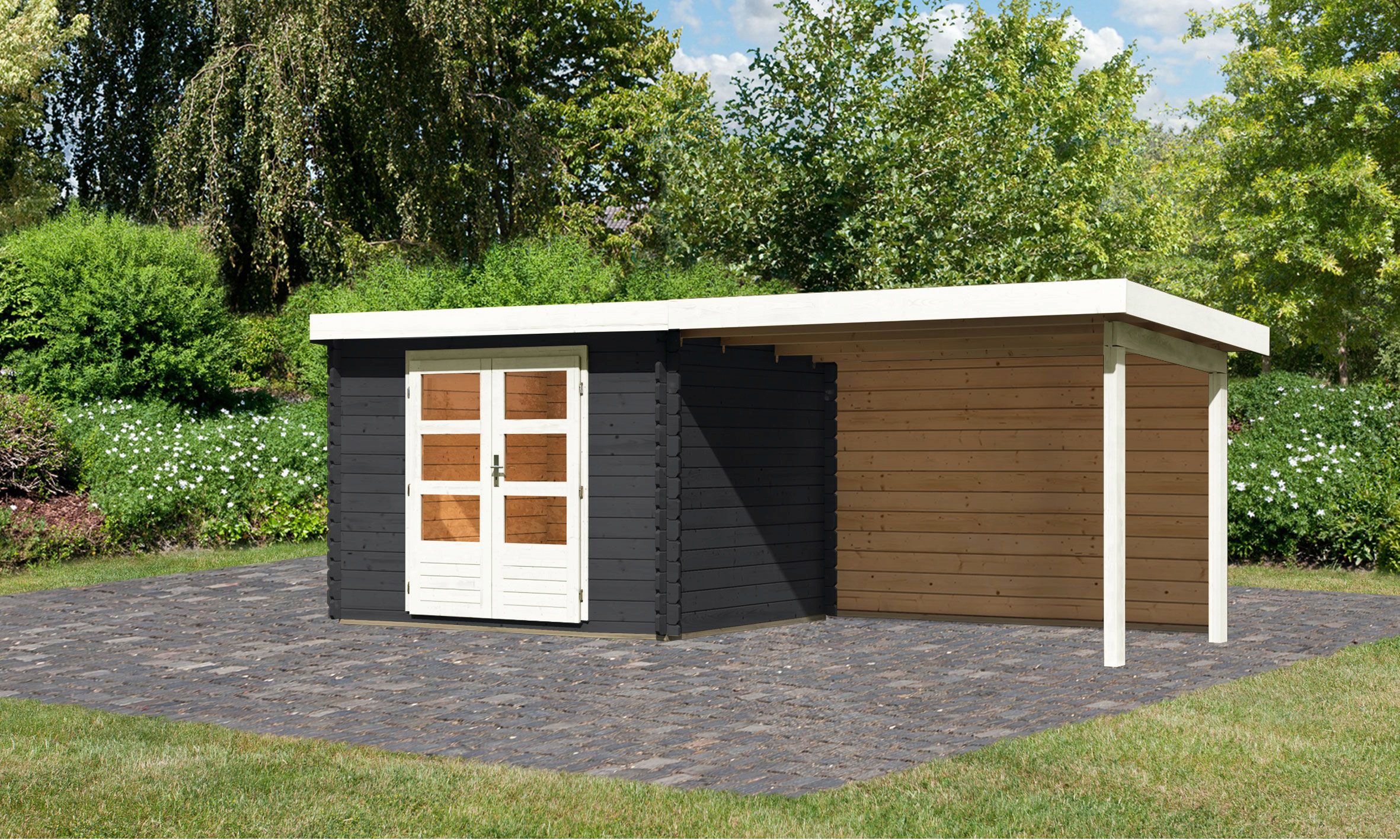 KONIFERA Gartenhaus »Schloßsee 3«, (Set), mit Anbaudach, Rückwand und Fußboden im Haus