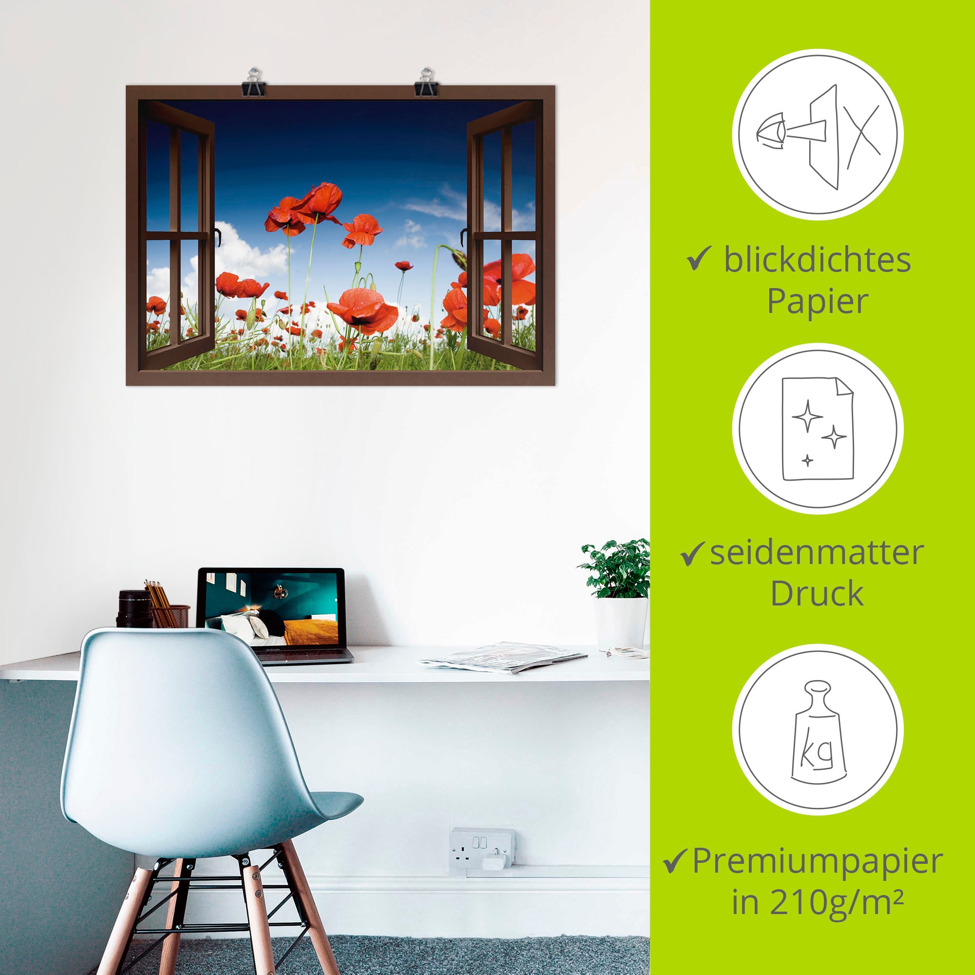 Artland Poster »Fensterblick Feld mit Mohnblumen, braun«, Fensterblick, (1 St.), als Leinwandbild, Wandaufkleber oder Poster in versch. Größen