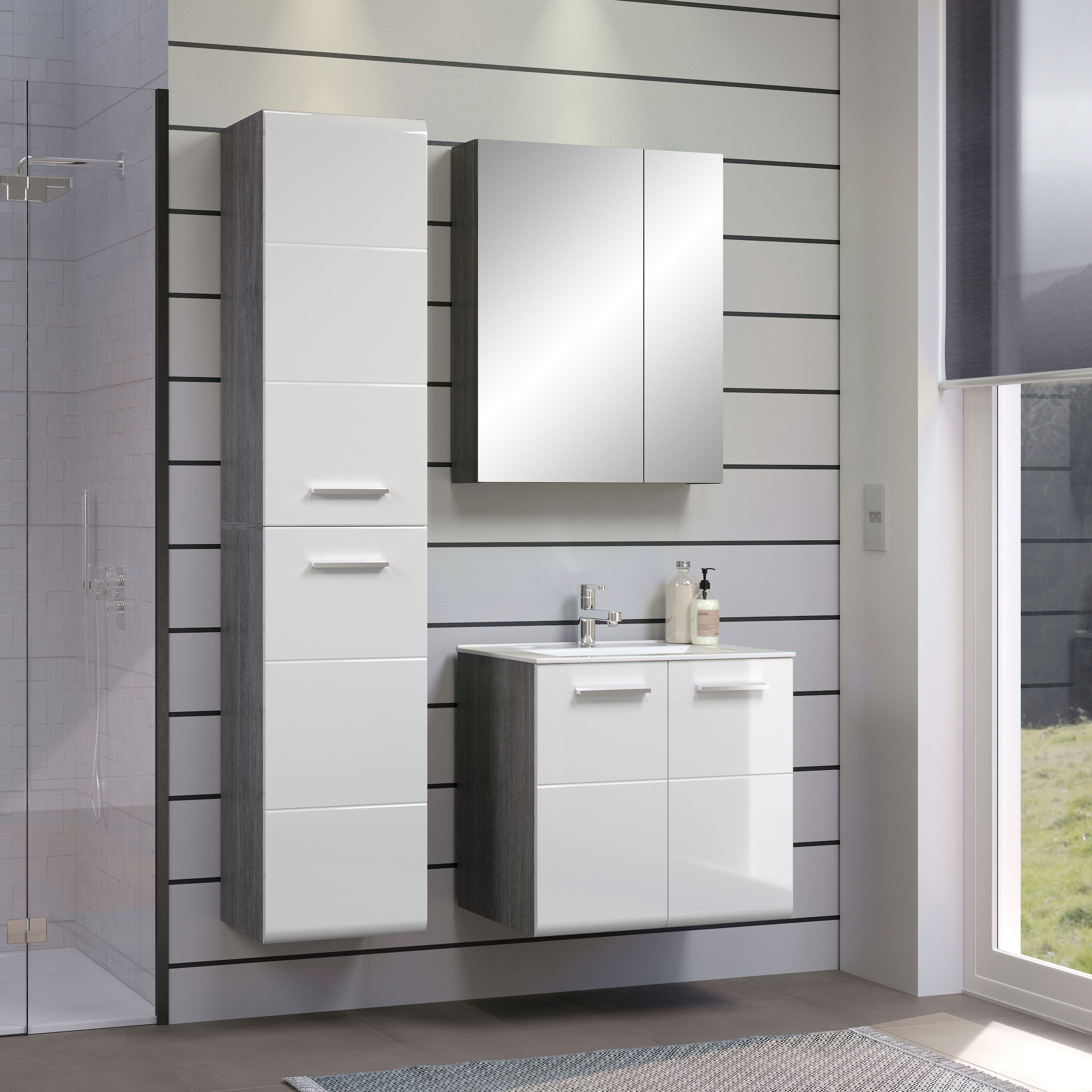 welltime Badmöbel-Set »Ravenna«, (3 St.), Badmöbel hängend Hochschrank, Waschtisch und Spiegelschrank in Weiß