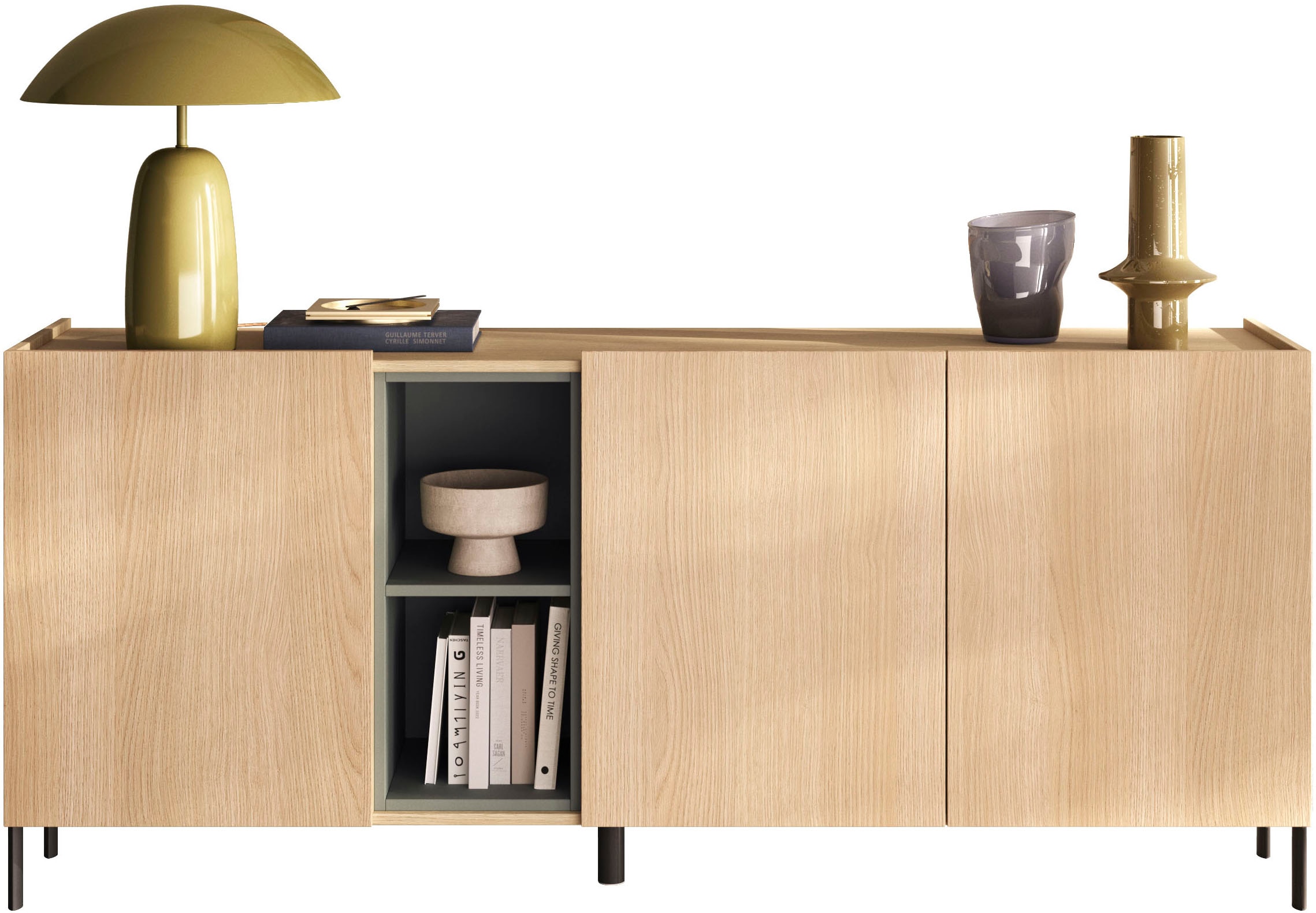 OTTO home Sideboard »Badia, 182 cm breit, 3 Türen, Anrichte, Kommode, Stauraumschrank« Innenliegendes Top, gerade Metallfüße, salbeigrüne Farbakzente