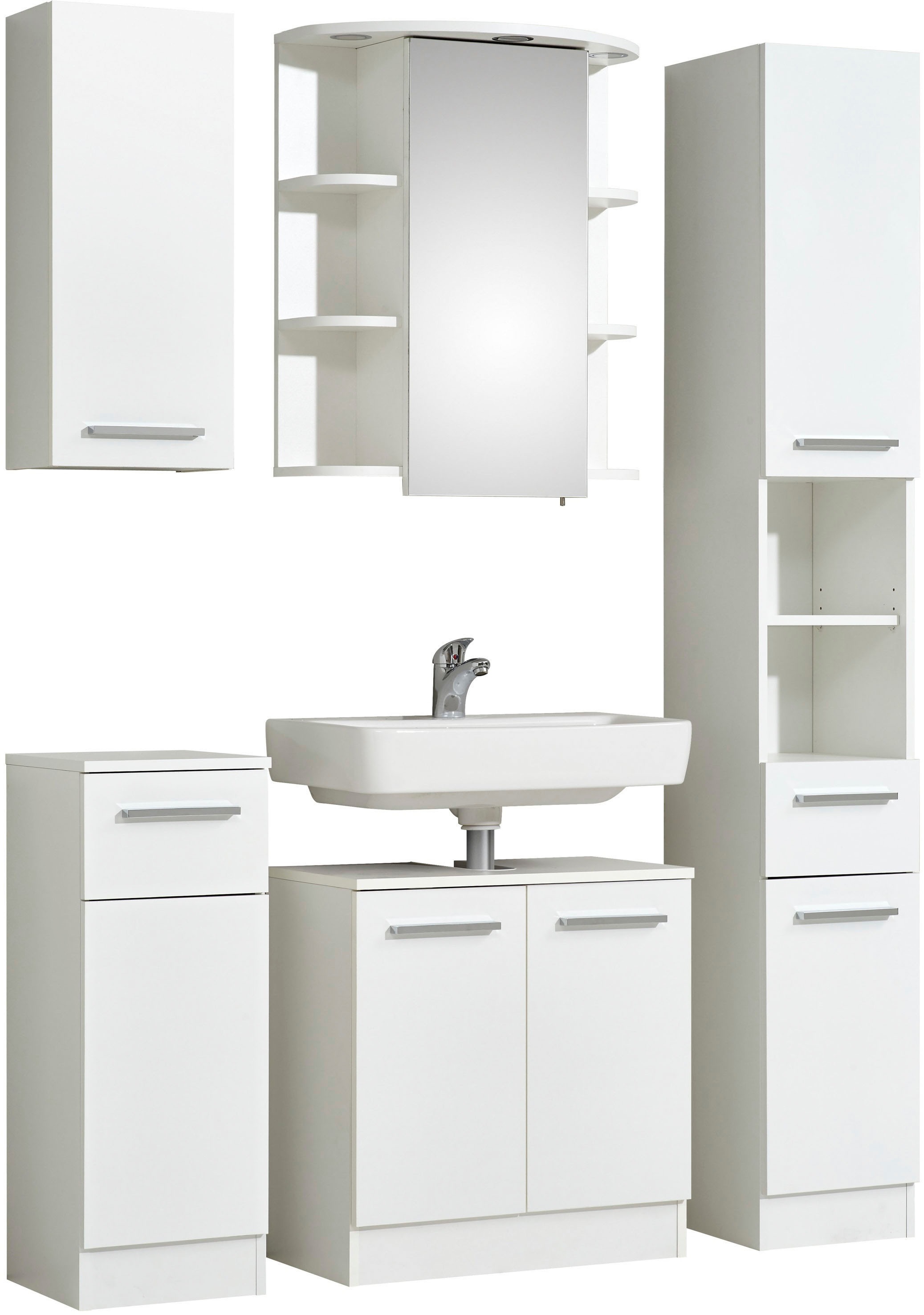 Saphir Badmöbel-Set »Quickset 335 5-teilig, Waschbeckenunterschrank mit LED-Spiegelschrank«, (5 St.), Hochschrank, Unterschrank, Hängeschrank, inkl. Türdämpfer, 7 Türen