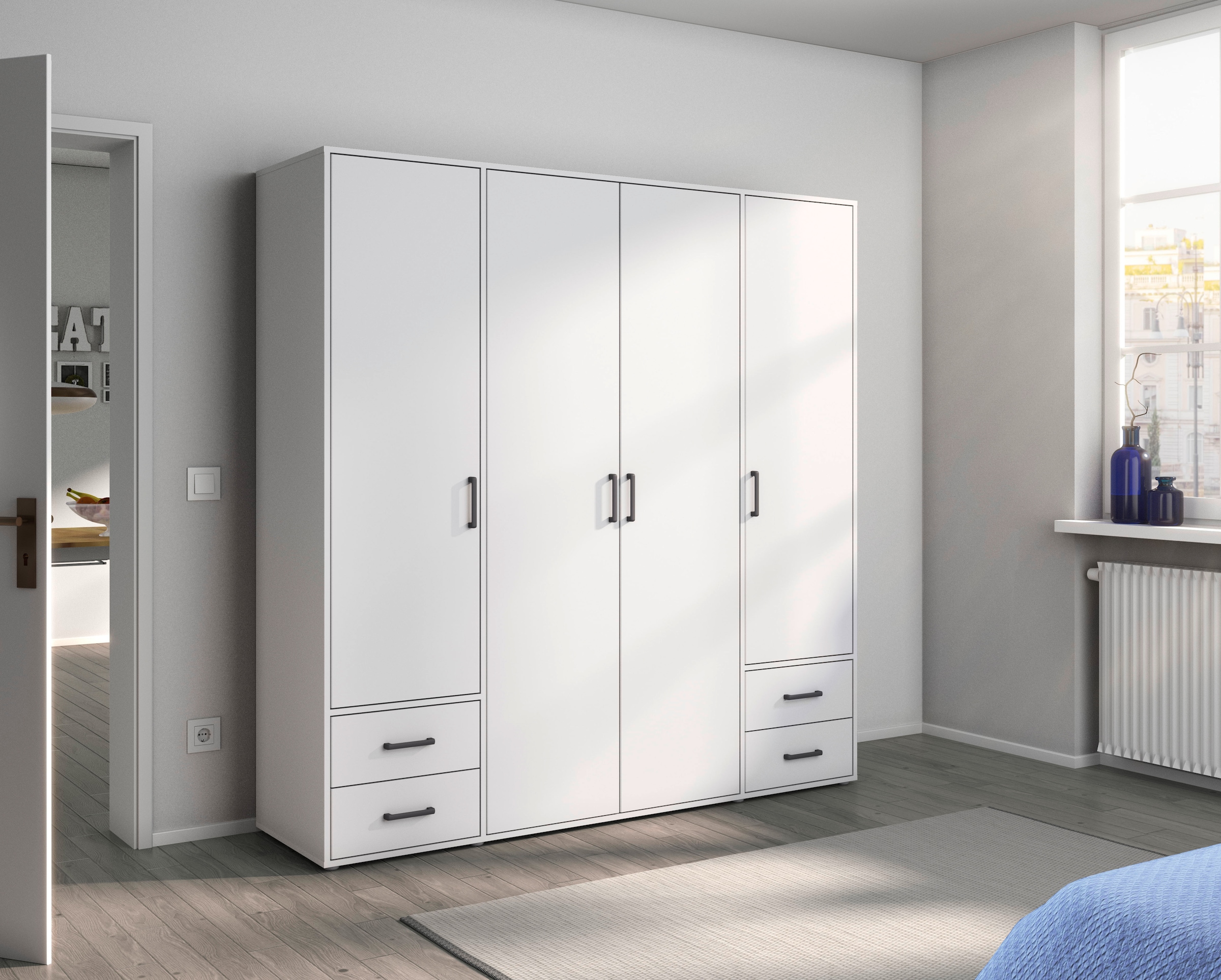 rauch Drehtürenschrank »Kleiderschrank Schrank Garderobe Wäscheschrank VOYAGER«, (in 3 verschiedenen Ausstattungen BASIC/CLASSIC/PREMIUM), moderne Griffe in Graumetallic mit Außenschubkästen MADE IN GERMANY
