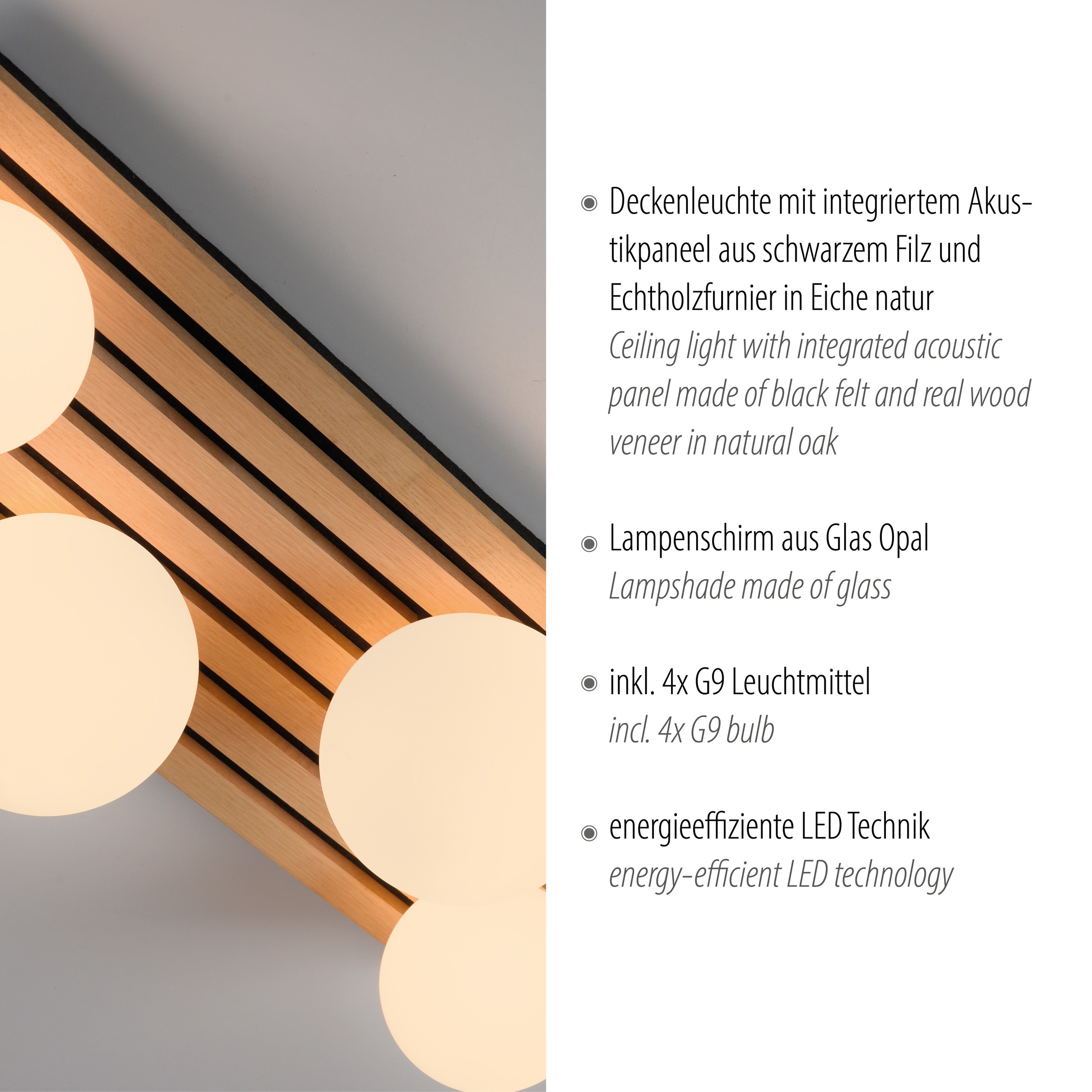Leonique Deckenleuchte »Erinette Akustikpaneele mit Glaskugeln«, 4 flammig, Leuchtmittel G9 | Leuchtmittel wechselbar-ohne Leuchtmittel, Holz, Akustik, Paneele, Glas, opal matt weiß, Deckenlampe