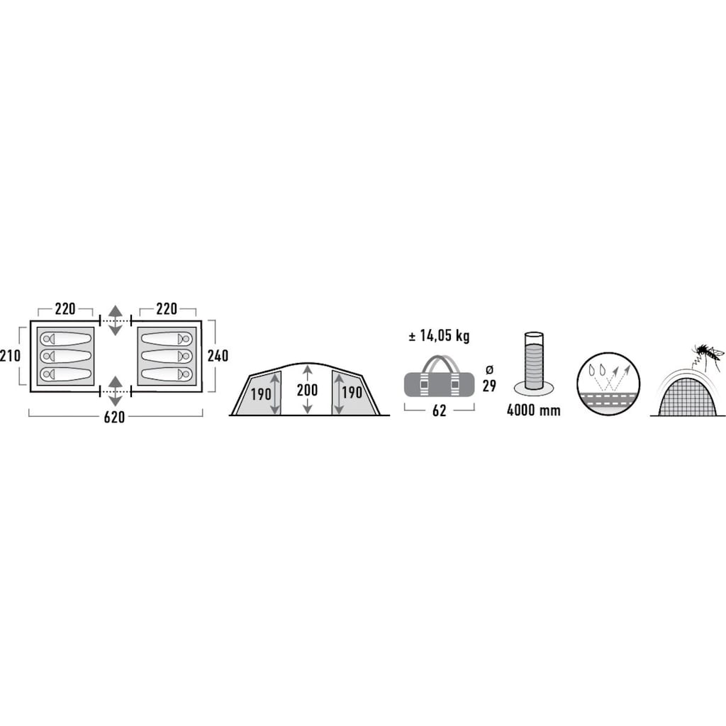 High Peak Tunnelzelt »Tauris 6«, 6 Personen, (Set, mit Transporttasche)