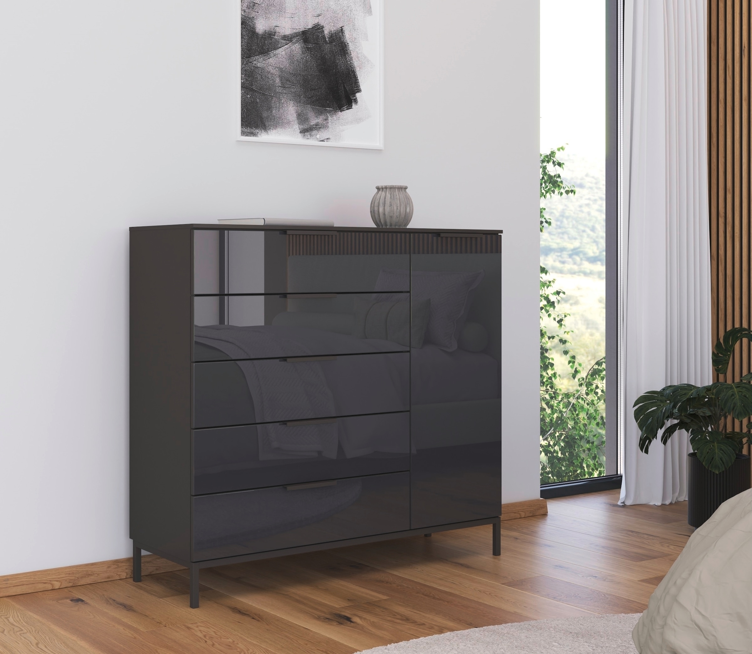 rauch Kombikommode »Kommode Türkommode Sideboard Kombikommode FLIPP mit Glasfront« Breite 120 cm mit 2 Einlegeböden,  1-türig mit 5 Schubladen und Soft-Close-Funktion sowie Glasfront