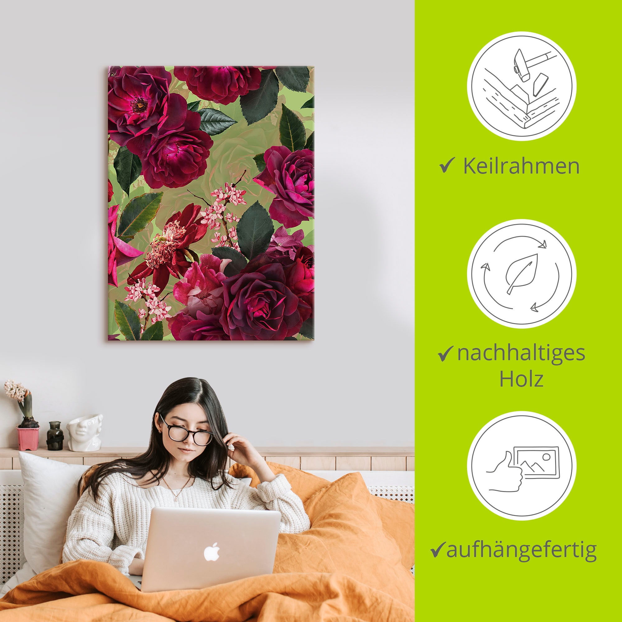 Artland Wandbild »Dunkle Rosen auf Grün«, Blumenbilder, (1 St.), als Alubild, Outdoorbild, Leinwandbild, Poster, Wandaufkleber