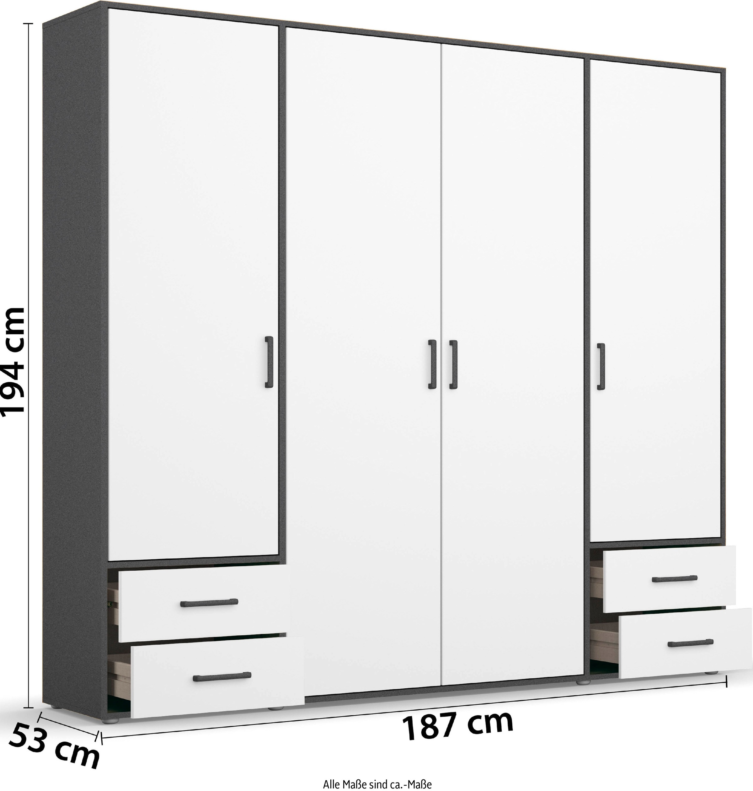 rauch Drehtürenschrank »Voyager, Kleiderschrank mit Außenschubkästen, Garderobe«, (in 3 verschiedenen Ausstattungen BASIC/CLASSIC/PREMIUM), Made in Germany