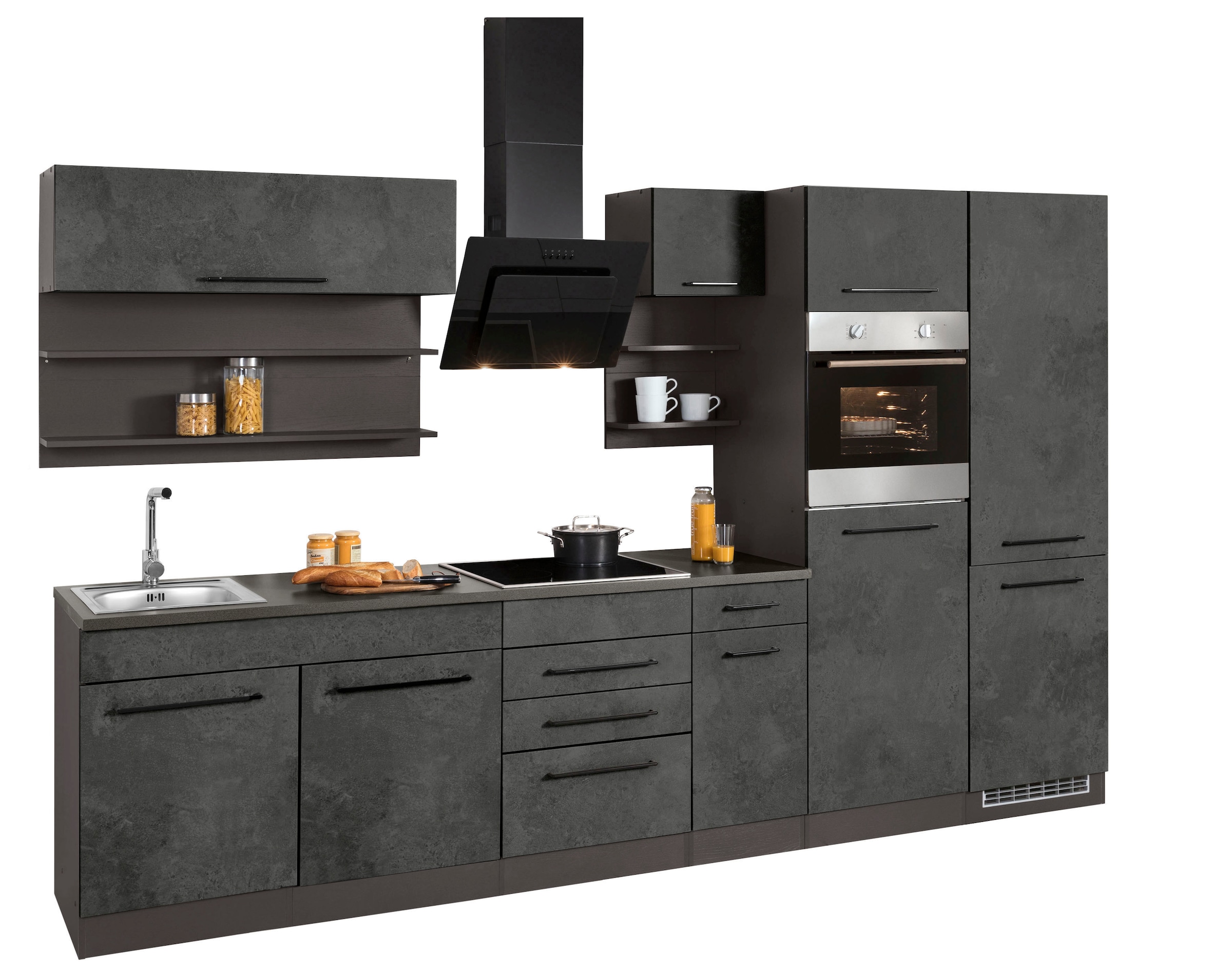 KOCHSTATION Küchenzeile »KS-Tulsa«, mit E-Geräten, Breite 330 cm, schwarze Metallgriffe, MDF Fronten