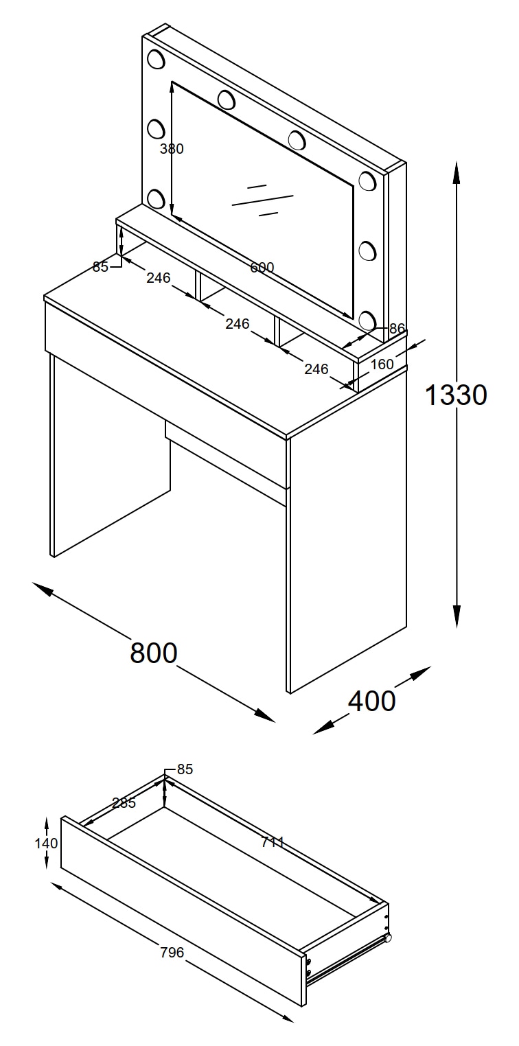 VCM Schminkschrank »Schminktisch Frisiertisch Schublade Spiegel Kosmal«, (1 St., VCM Kosmal)