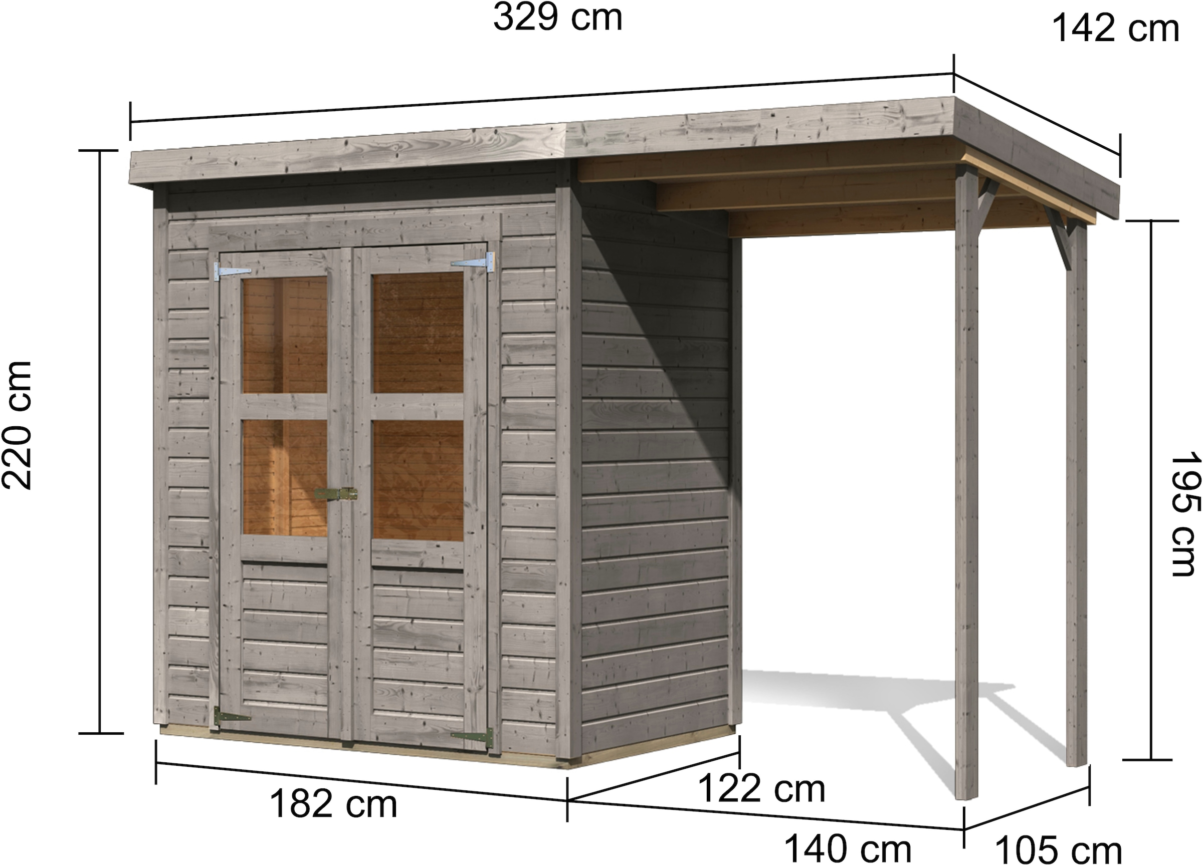 Karibu Gartenhaus »»Merseburg 2« vorvergraut mit Anbaudach« aus Fichtenholz, farbig lasiert