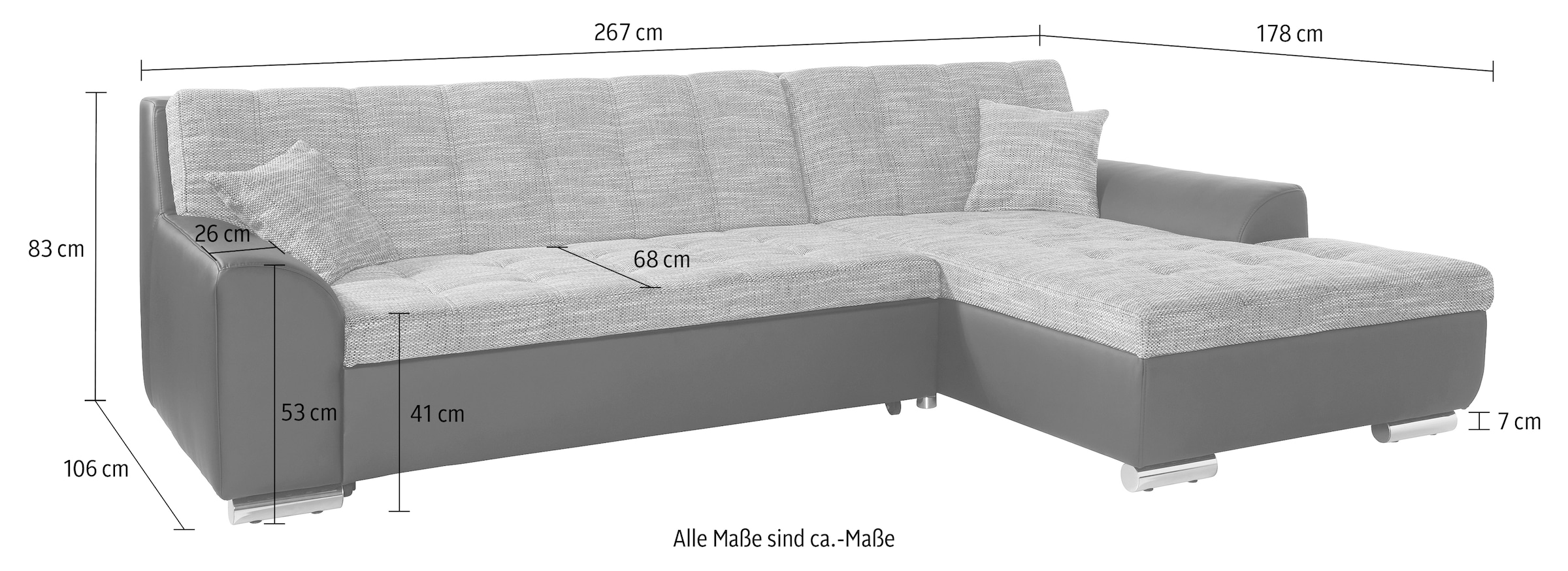 DOMO collection Ecksofa »Treviso viele Bezüge, auch in Cord, L-Form, B/T/H: 267/80/83 cm«, wahlweise mit Bettfunktion, incl. Zierkissen, hochwertige Steppung
