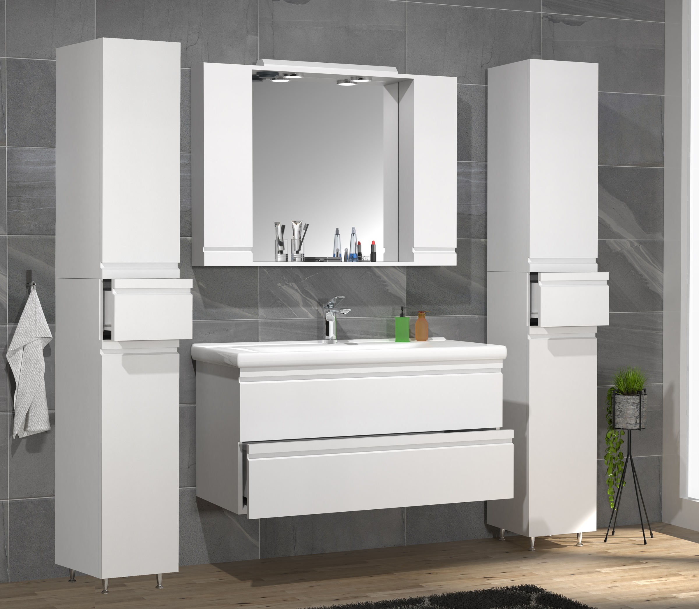 VCM Waschbeckenunterschrank »VCM 5-tlg. Waschplatz Waschtisch 100 cm Badmöbel Set Waschbecken grifflose Schublade Spiegelschrank Hochschrank Silora XL«, (5 St.)