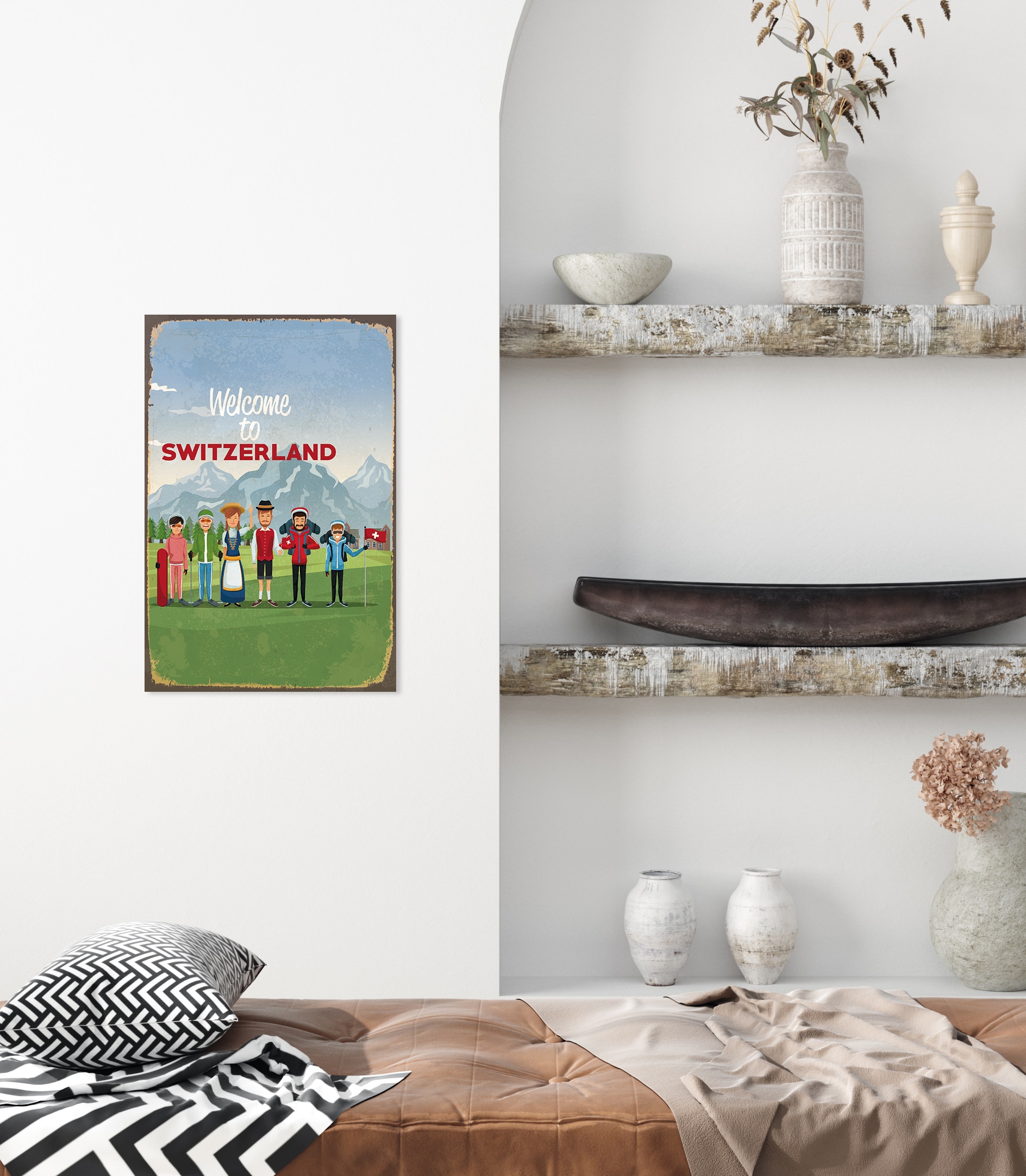 queence Metallbild »WELCOME TO SWITZERLAND«, Schriftzüge-Schriftzug-Sprüche-Sprüche & Texte-Vintage-Schweiz-Berge & Alpenbilder, Stahlschild, Blechschild, St. Moritz, Schweiz