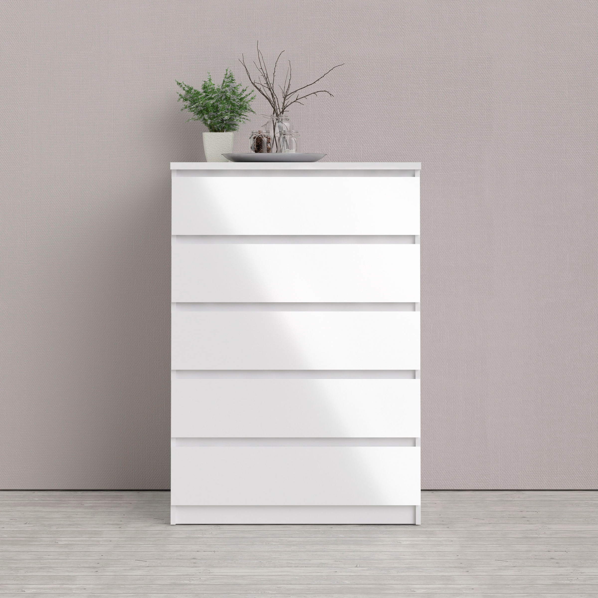 INOSIGN Kommode »Naia, Aufbewahrung, 5 Schubladen, Hochglanz-Optik, grifflose Front«, abgerundete Schubladenkanten auf Metallgleiter, Breite 77 cm