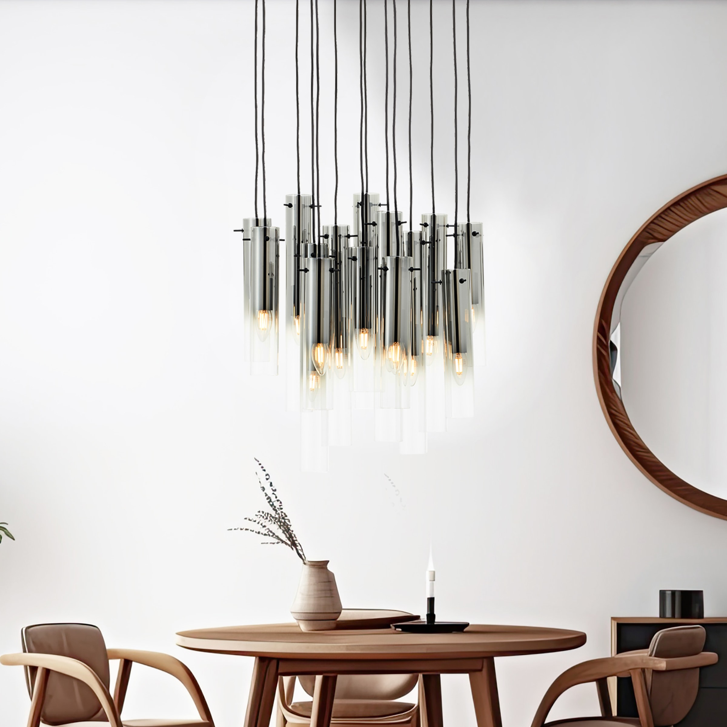Brilliant Pendelleuchte »Glasini«, 14 flammig, Leuchtmittel E14 | ohne Leuchtmittel, 199 x 52 cm, 14 x E14, kürzbar, Metall/Rauchglas, matt schwarz