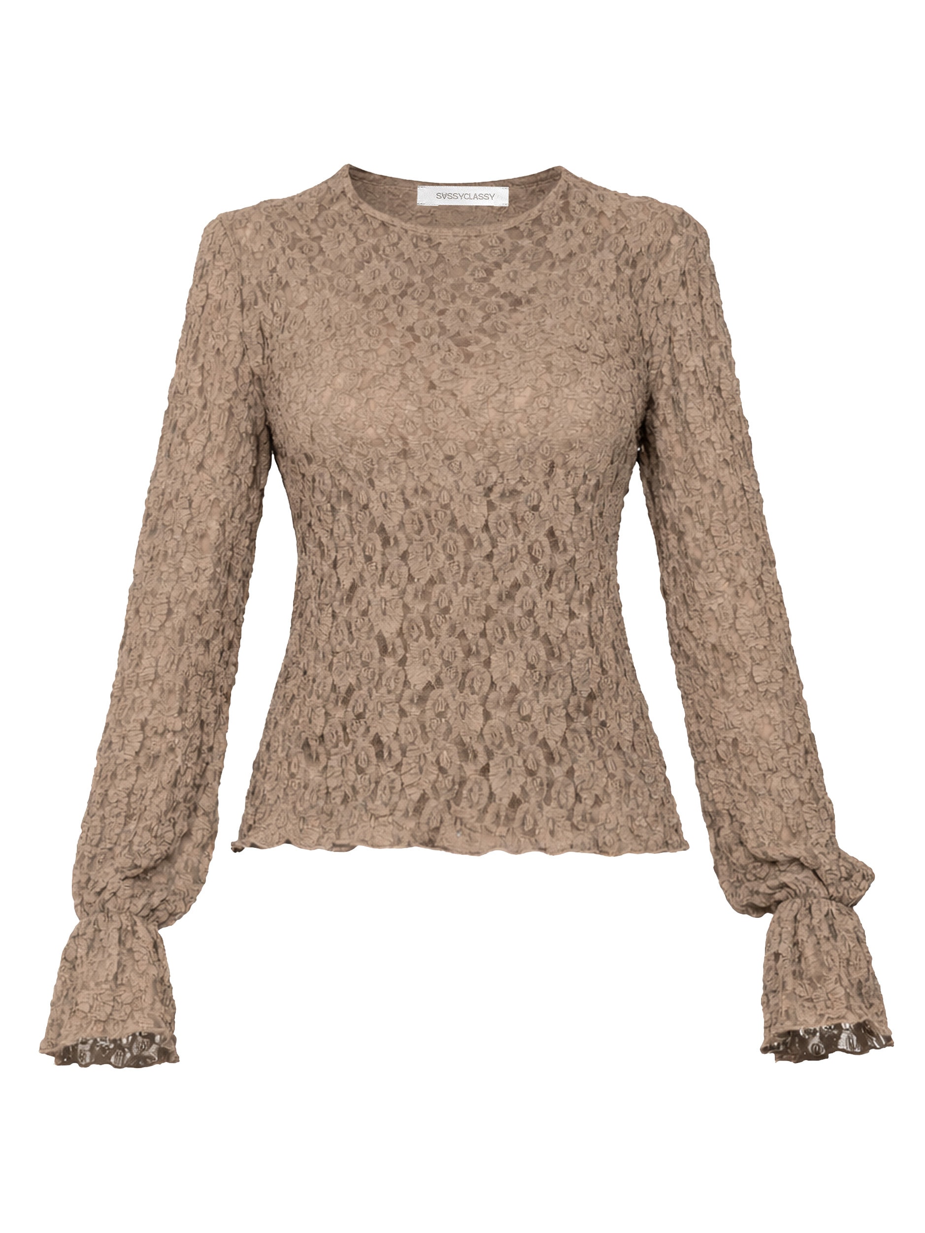 SASSYCLASSY Langarmshirt »Langarm Spitzenshirt mit Volantärmeln« Transparentes Langarmshirt mit floralem Muster und Rundhalsausschnitt