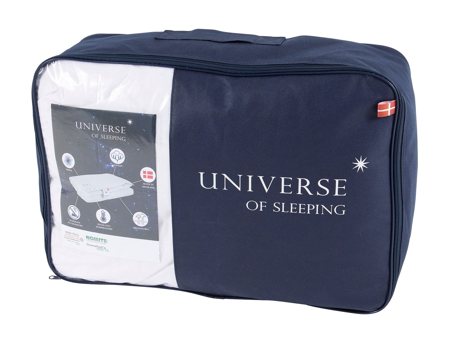 Universe of sleeping Daunenbettdecke »Mercury, natürliche Materialien, Made in Denmark«, leicht, Füllung neue, weiße Entendaunen & Federn, Klasse I, Bezug Baumwolle, (1 St.), Hochwertige Bettdecke, 3 Wärmeklassen, individuelles Schlafkomfort