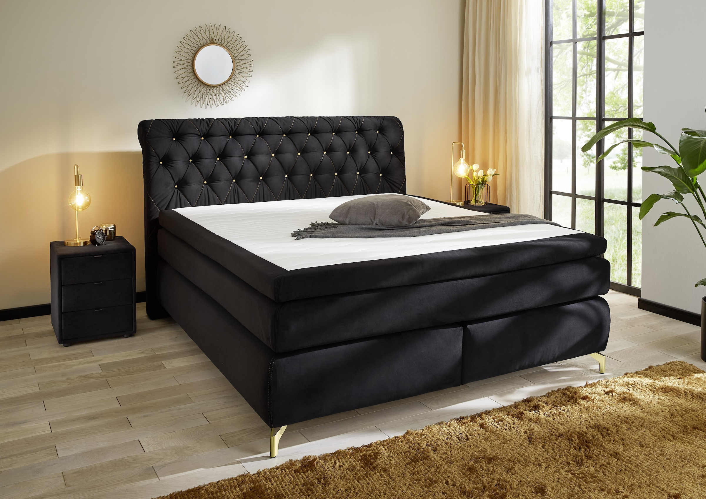 Jockenhöfer Gruppe Boxspringbett »Sancara, inklusive 7-Zonen-TTFK-Matratzen und 9 cm Kaltschaumtopper«, goldfarbige Designelemente, Härtegrade wählbar (H3,H3/H4 oder H4)