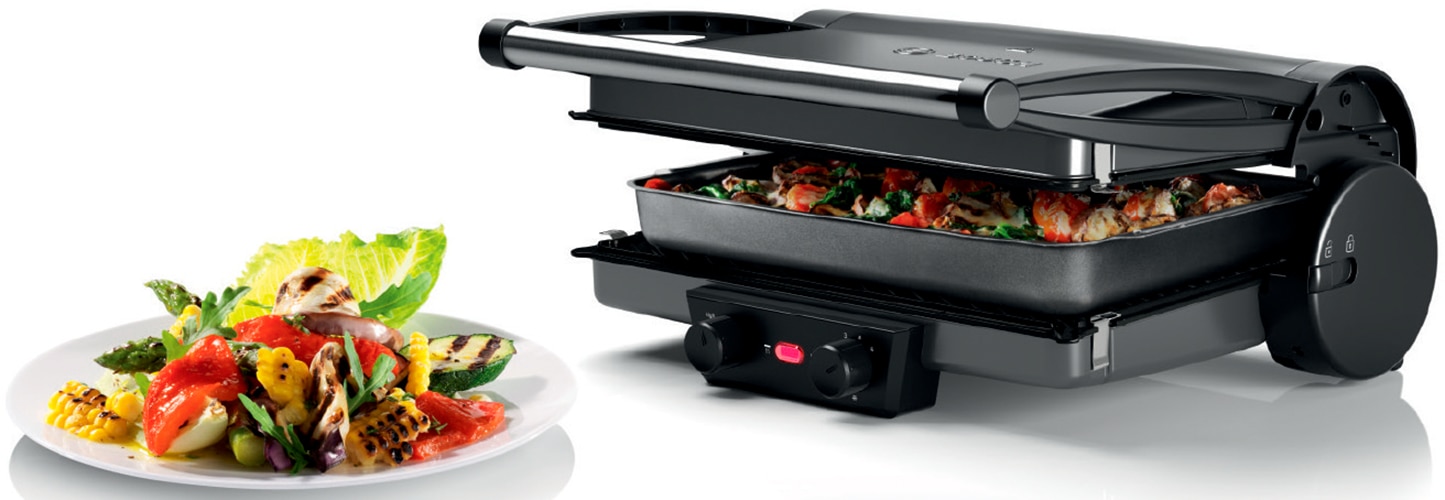 BOSCH Kontaktgrill »TCG4215, 3-in1-Kontaktgrill, Temperaturregler, einfache Reinigung« 2000 W Fettablaufrinne, Auflaufform, herausnehmbare Aluminium-Grillplatten,