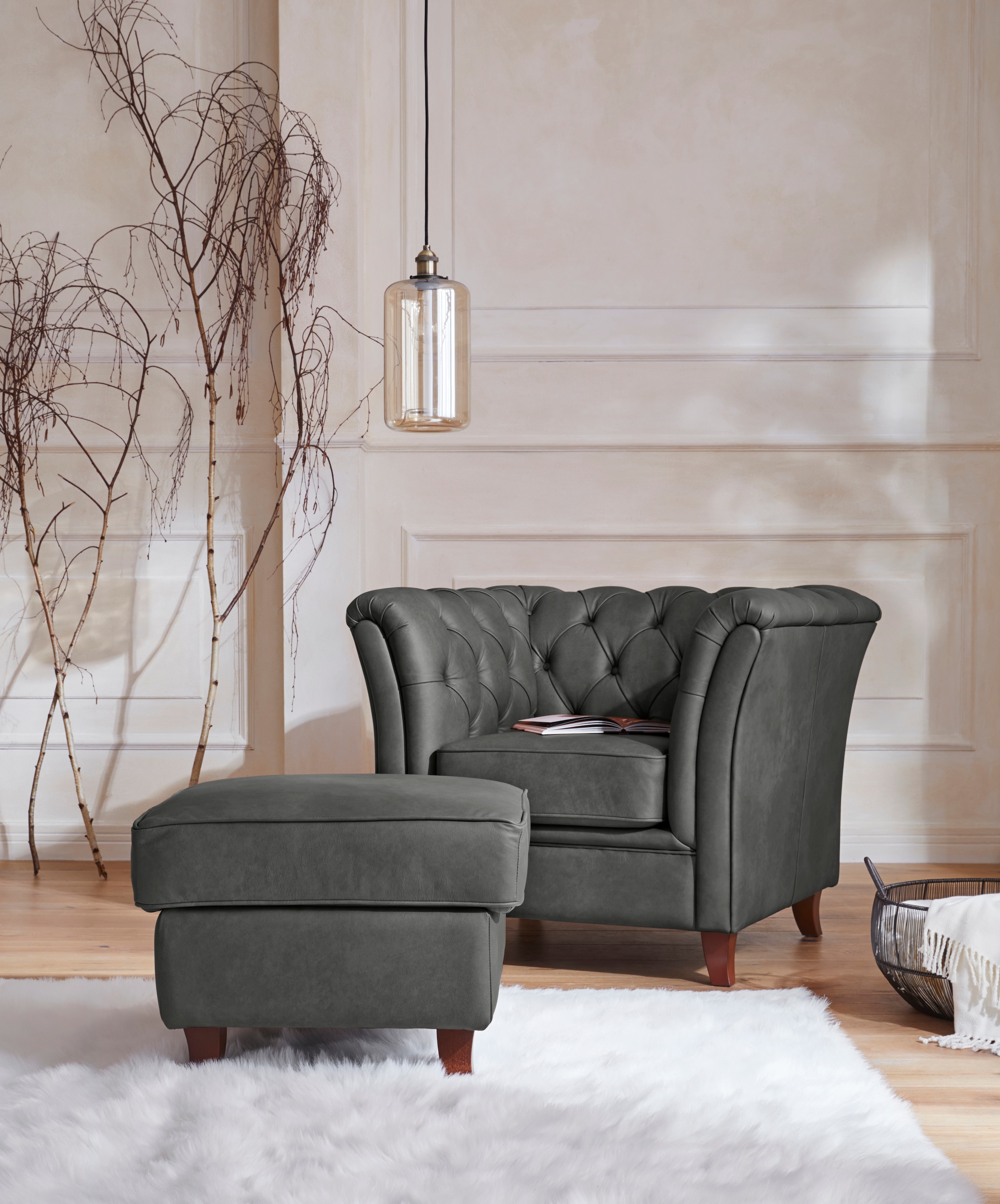 Home affaire Polsterhocker »Reims«, echte Chesterfield-Knopfheftung, Samtoptik mich changierender Optik