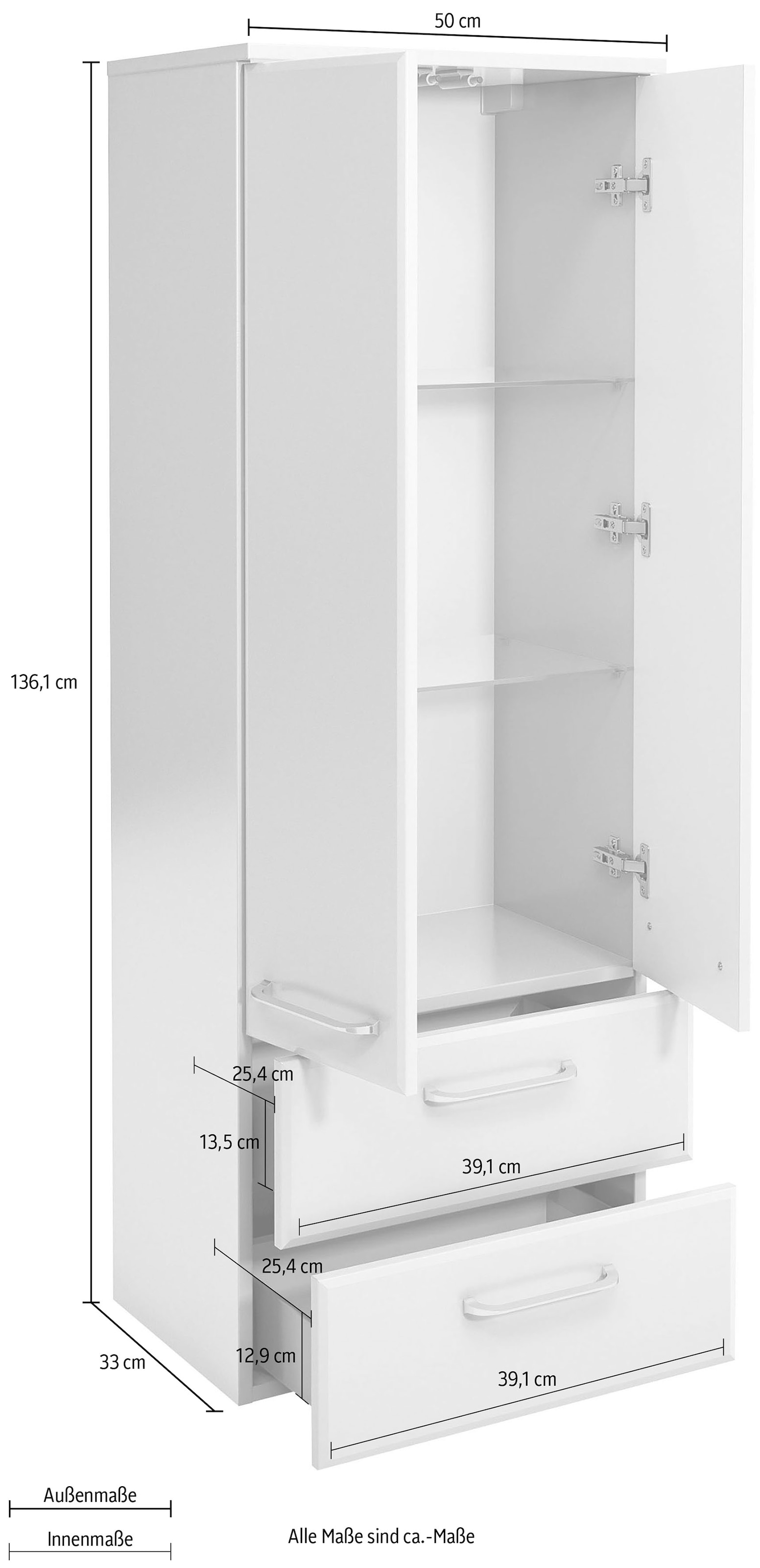 Saphir Midischrank »Quickset Badschrank 50 cm breit, 2 Türen, 2 Schubladen, 2 Einlegeböden«, Badezimmer-Midischrank inkl. Türdämpfer, Griffe in Chrom glänzend