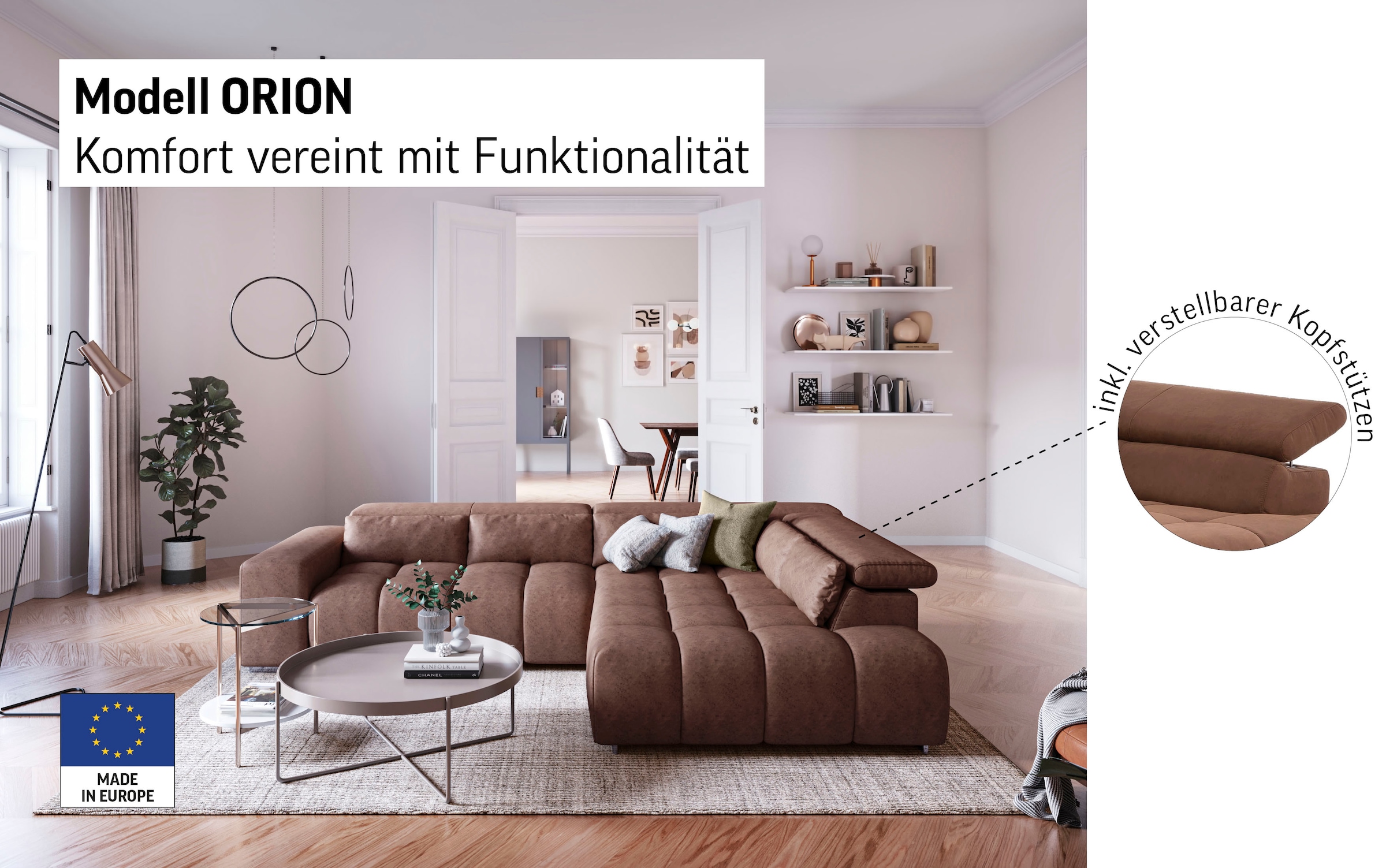 COTTA Ecksofa »Orion L-Form« mit Kopfteilverstellung & 5 Nierenkissen