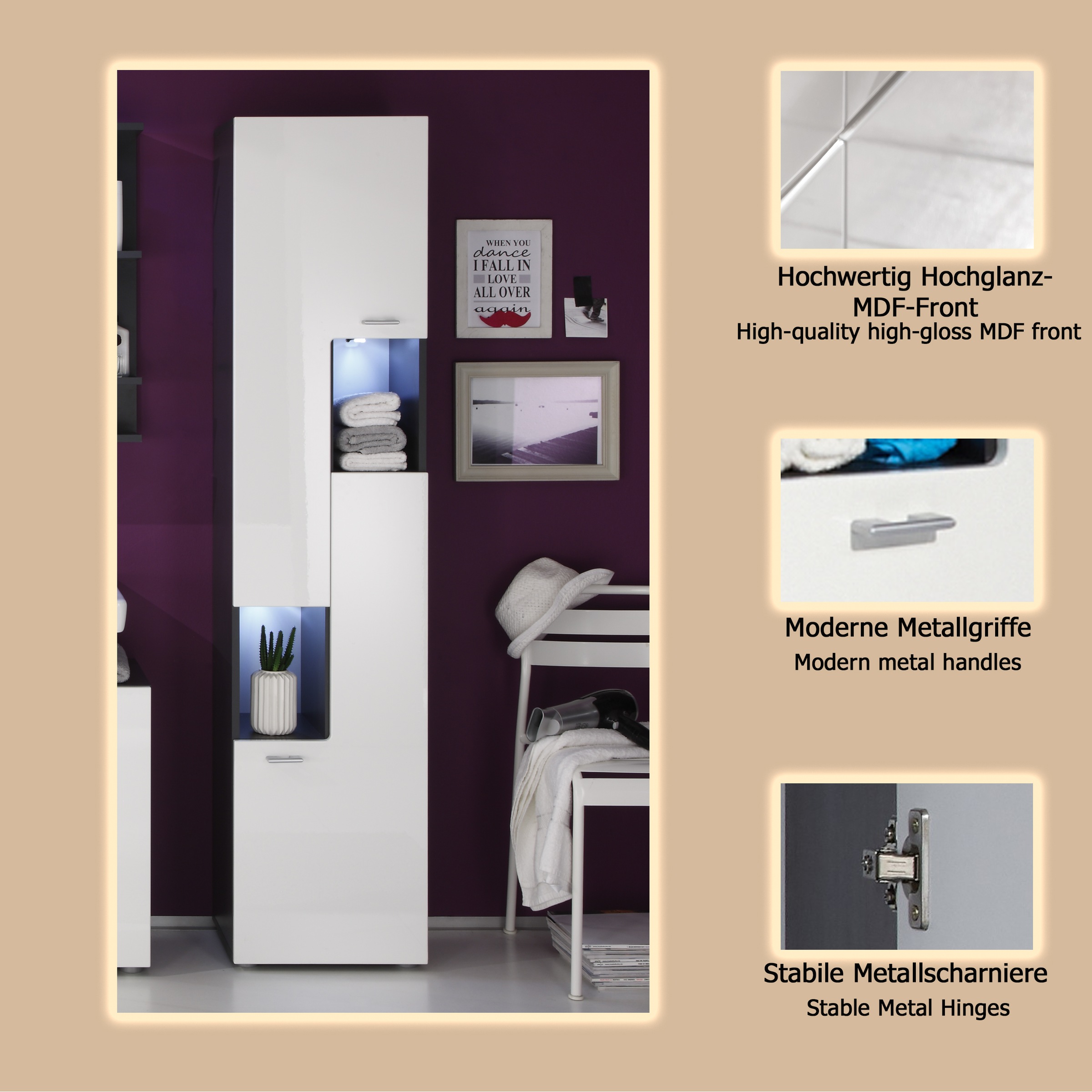 welltime Hochschrank »Tias«, Hochschrank mit 4 Einlegeböden - (B/T/H) 40/30/182 cm