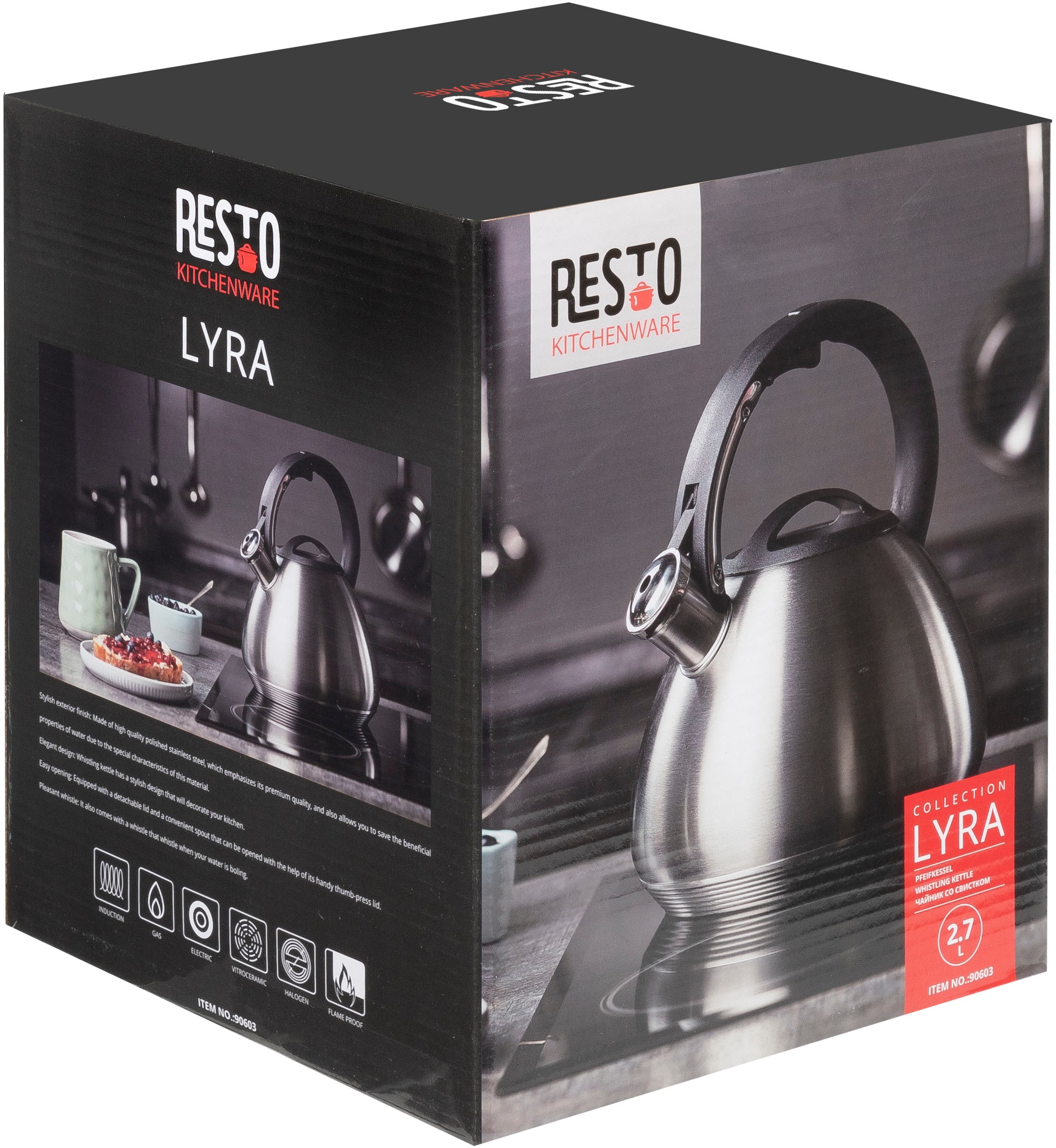 RESTO Kitchenware Wasserkessel »Lyra, Flötenkessel 2,7 l mit wärmespeicherndem Boden im Geschenkkarton« 1 Stk. tlg. Edelstahl