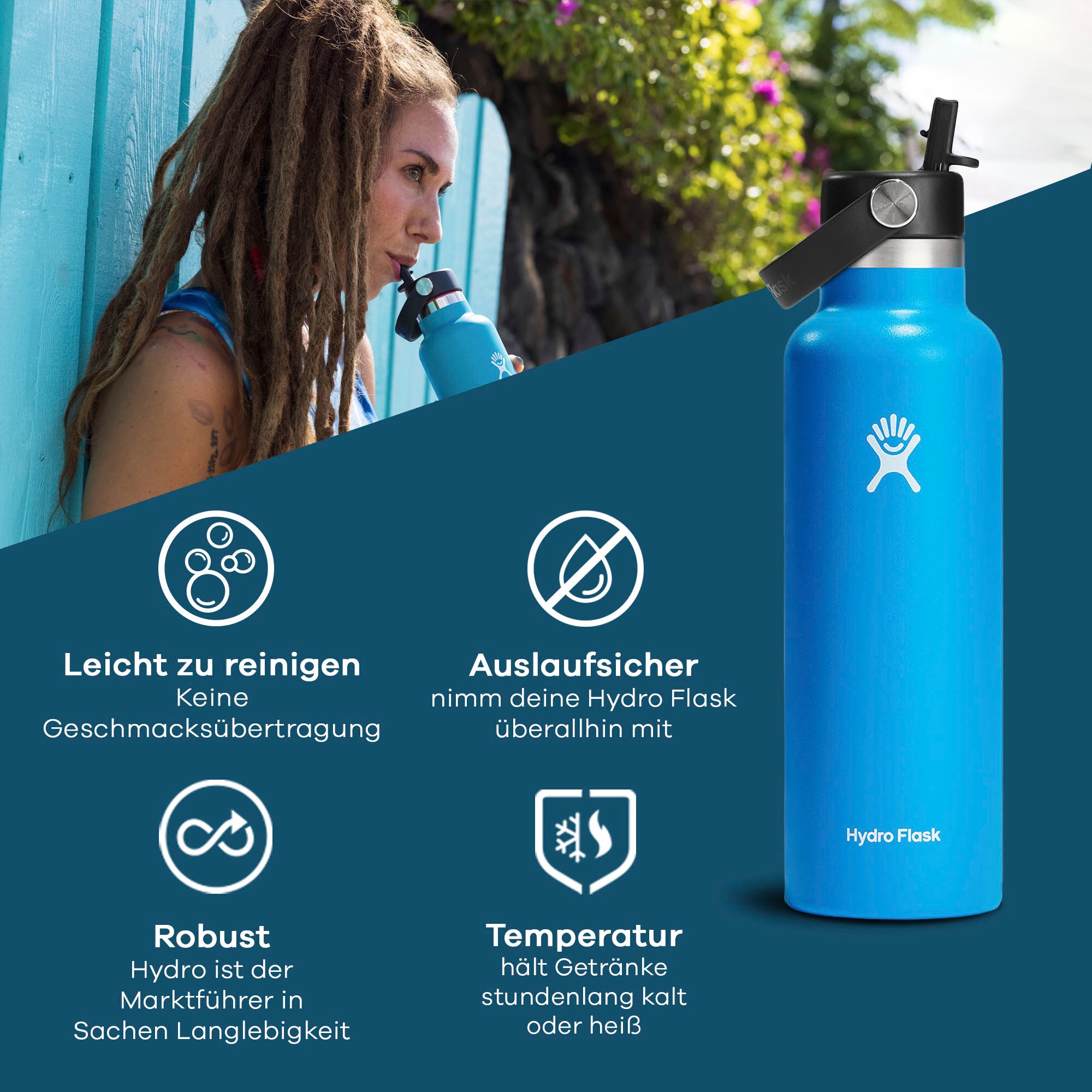 Hydro Flask Trinkflasche »STANDARD FLEX STRAW CAP«, (1 tlg.), doppelte TempShield®️-Isolierung