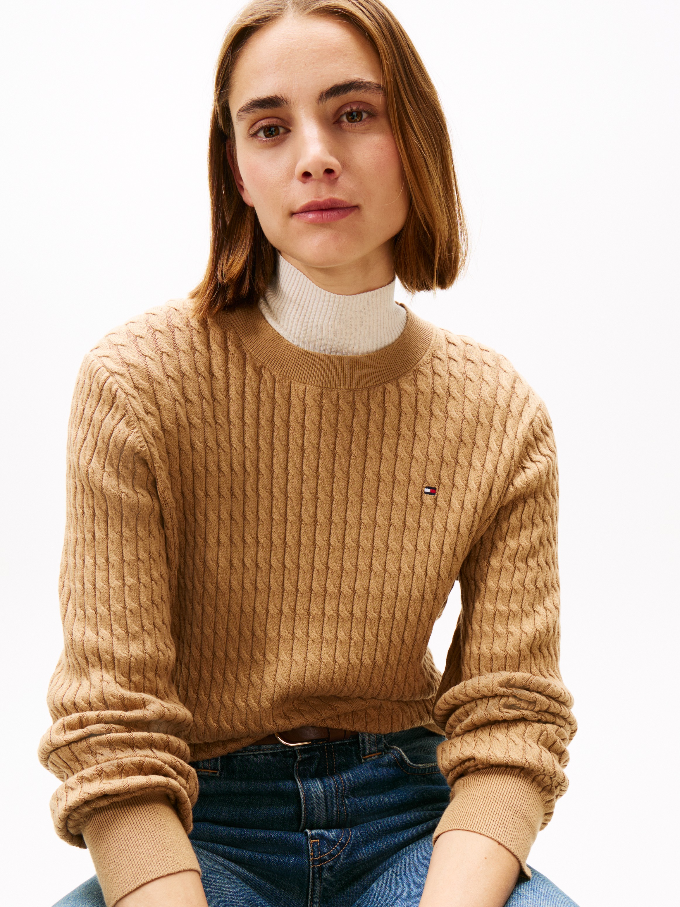 Tommy Hilfiger Rundhalspullover »CO CABLE C-NK LS SWEATER« Baumwolle, mit Zopfmuster