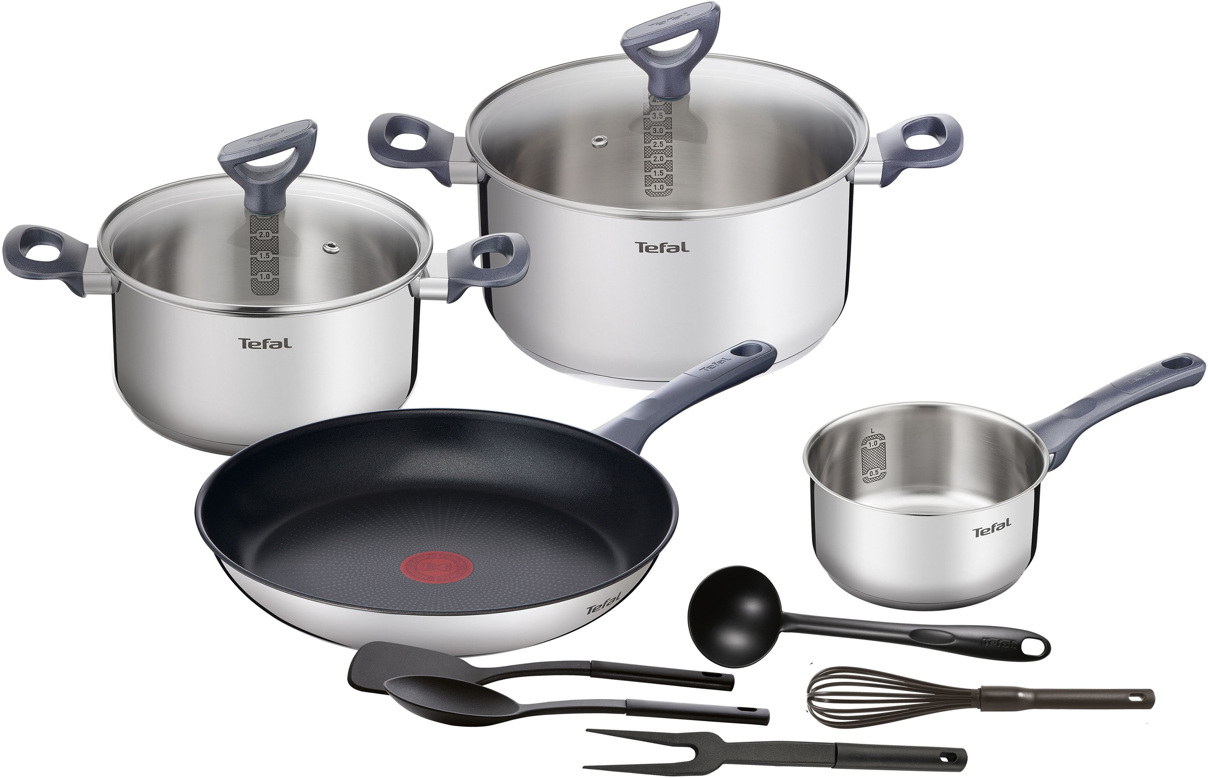 Tefal Topf-Set »Daily Cook«, Edelstahl, (Set, 11 tlg.), induktionsgeeignet, Messskalen bei Töpfen, Thermo-Signal bei Pfanne, inkl. Küchenhelfern und 2 x Glasdeckel, Edelstahl