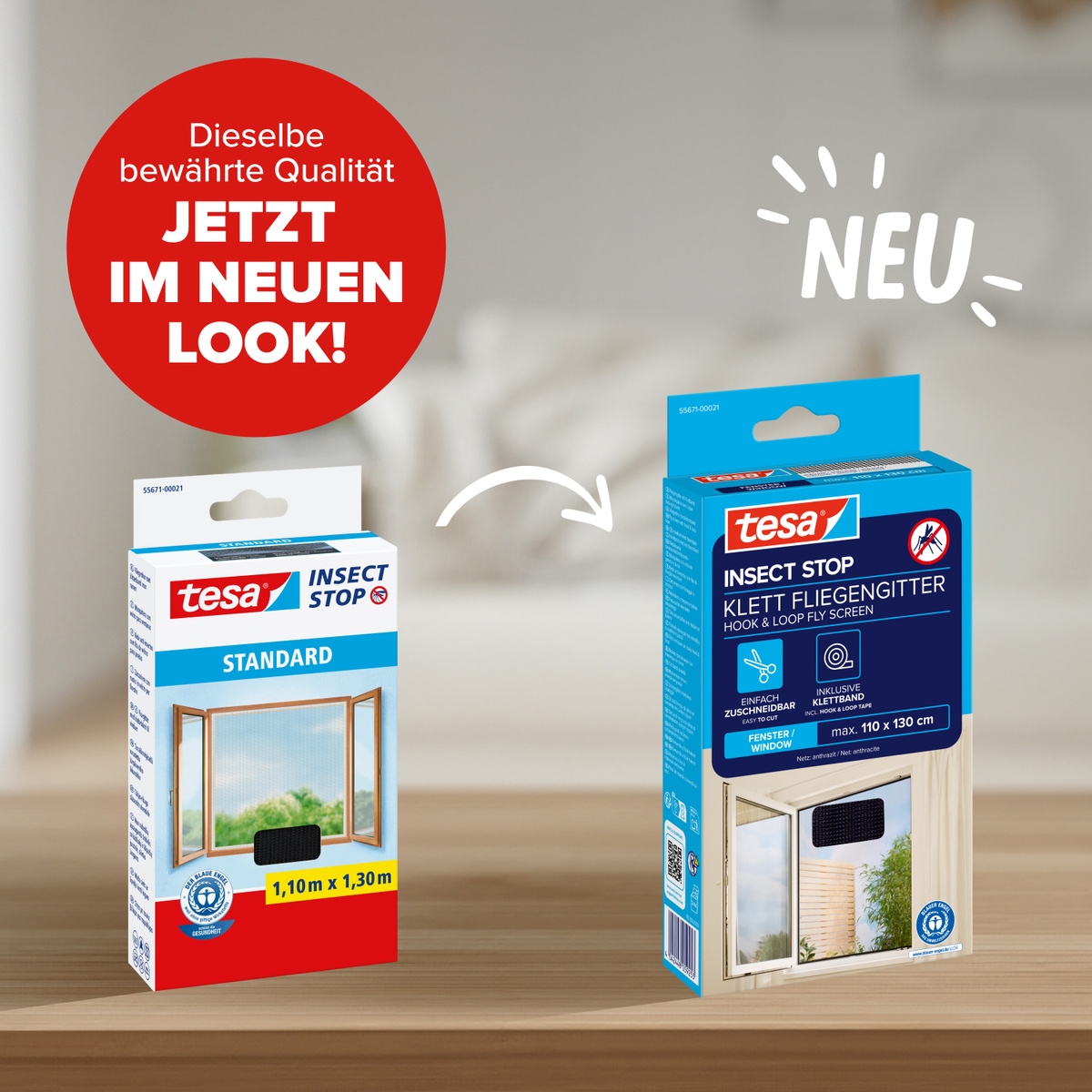 tesa Insektenschutz-Fensterrahmen »Insect Stop Standard Fliegengitter für Fenster - 1.1 m :1.3 m« Packung, Fliegennetz, Klettband, 3 Stk. tlg. Insektenschutzgitter -Fliegenetz ohne Bohren-zuschneidbar
