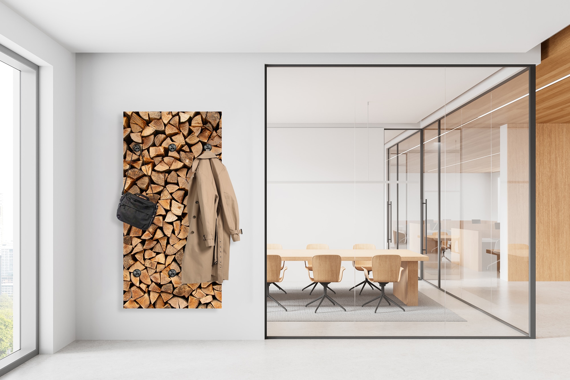 queence Wandgarderobe »Paneel Holzstapel Optik« 1 Stk. tlg. Wandpaneel aus Acrylglas inkl. 6 Edelstahlhaken in schwarz matt