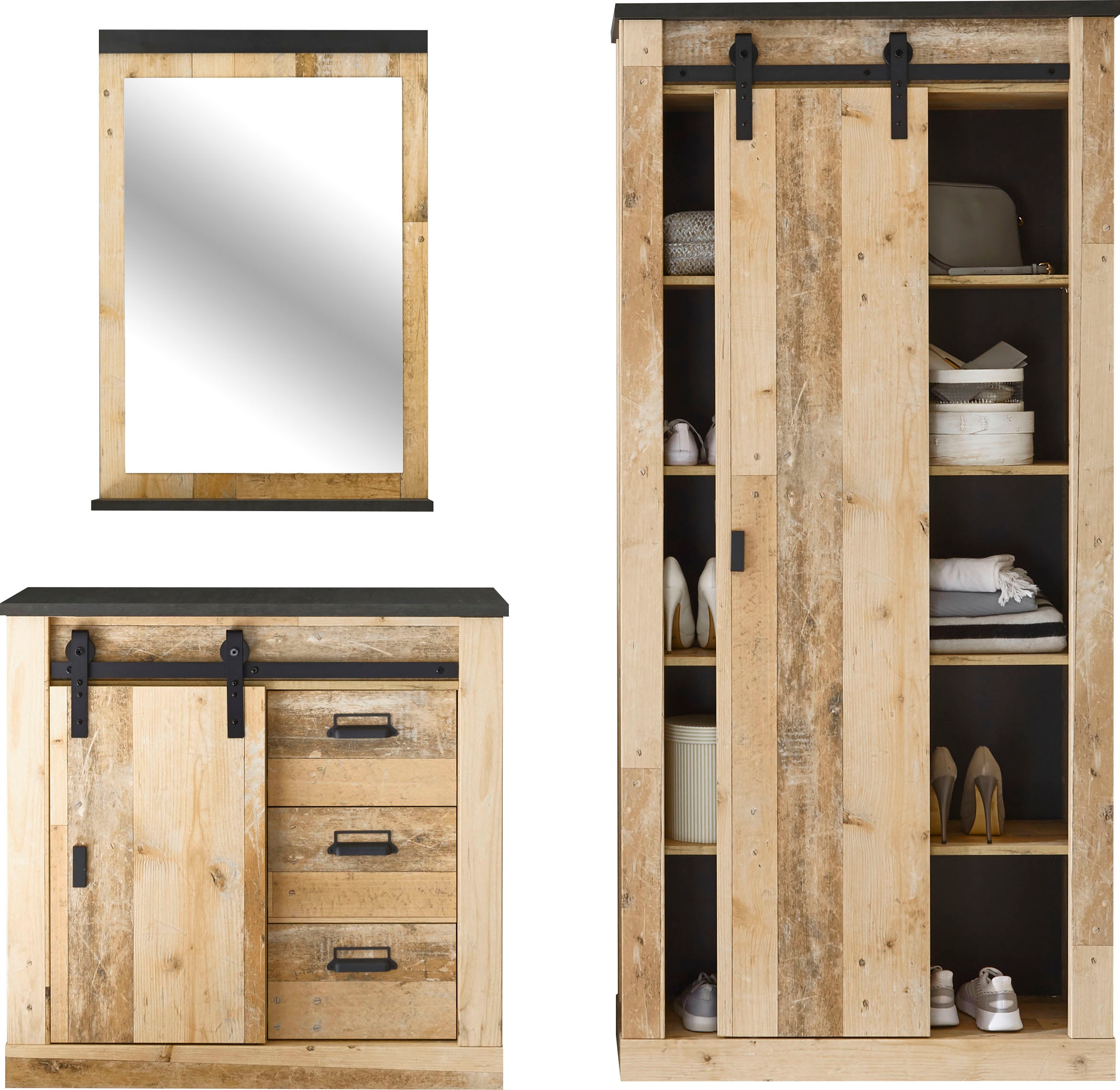 Home affaire Garderoben-Set »SHERWOOD«, (3 St.), mit Scheunentorbeschlag, Apothekergriffe aus Metall