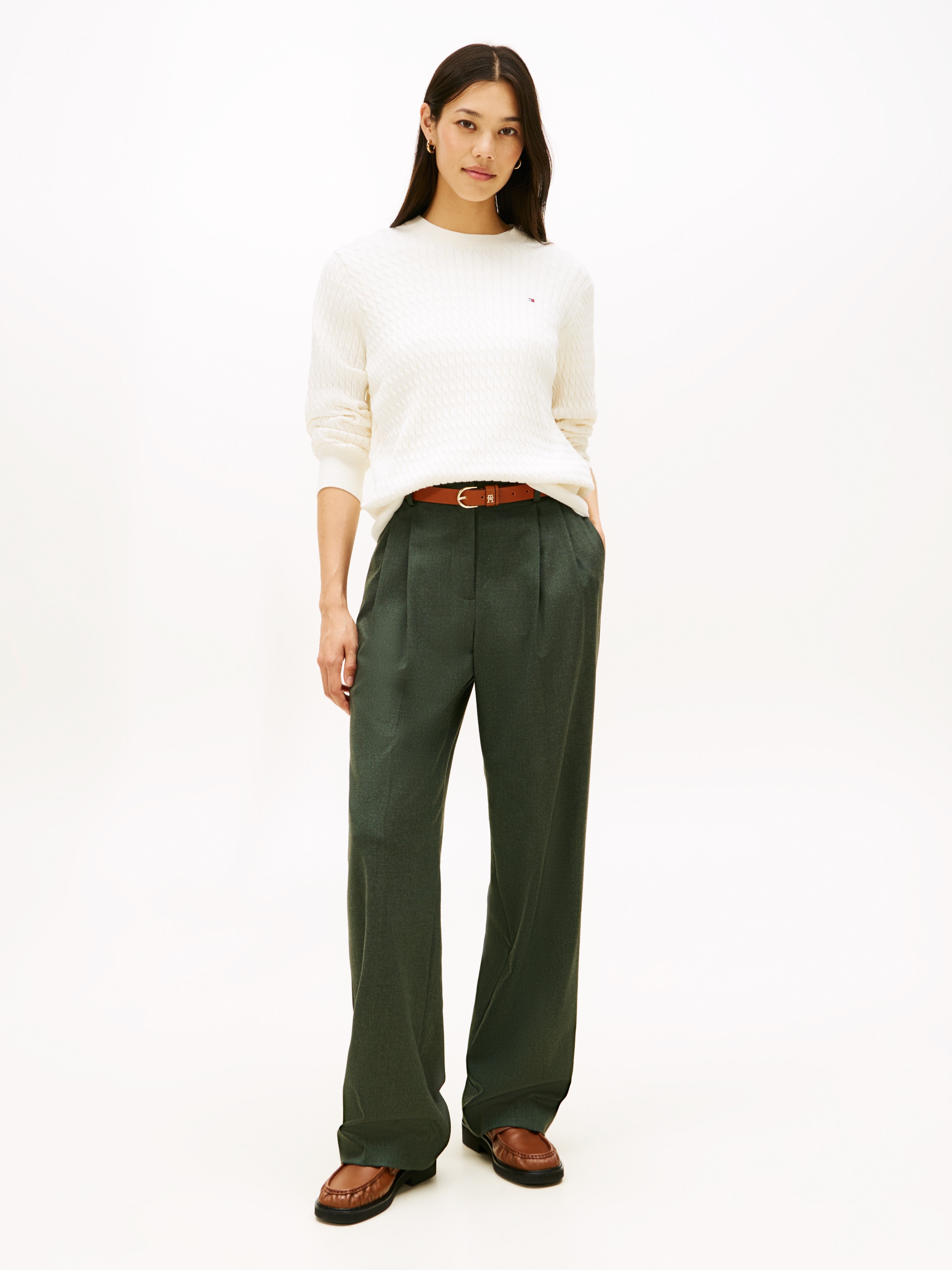 Tommy Hilfiger Rundhalspullover »CO CABLE C-NK LS SWEATER« Baumwolle, mit Zopfmuster, Regular Fit