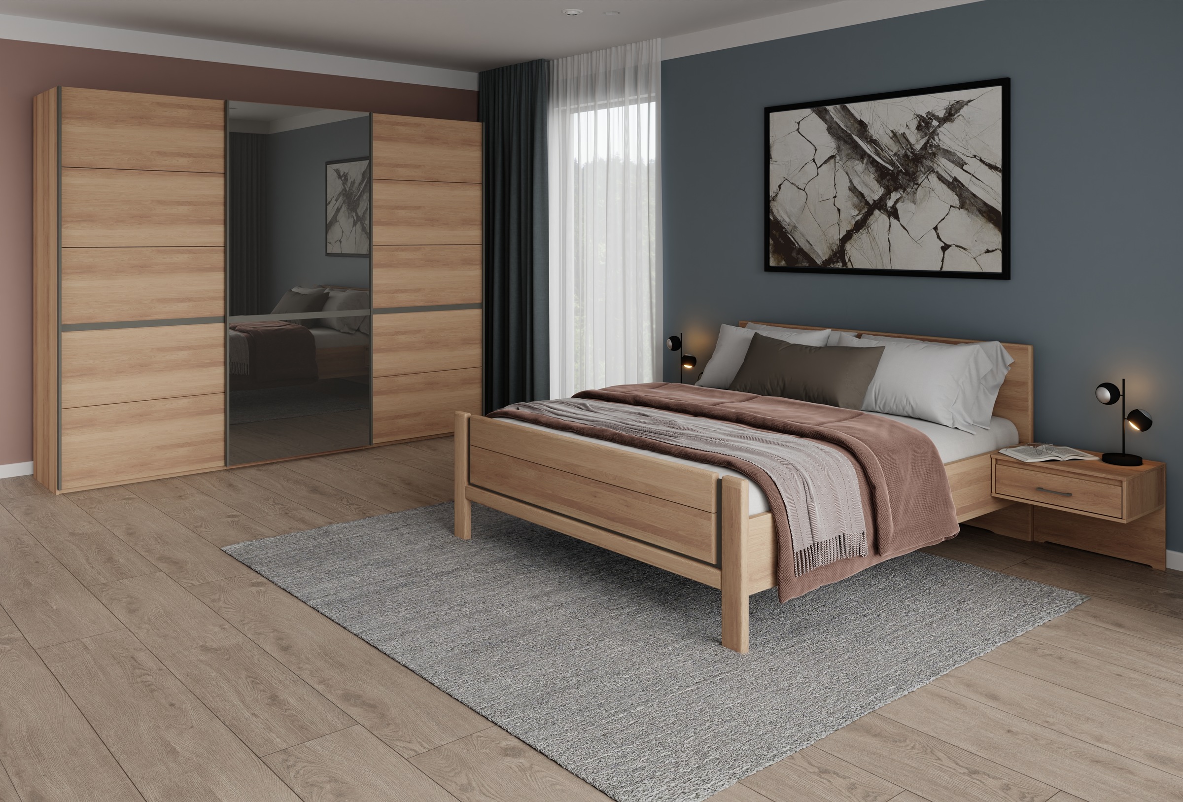 Musterring Schlafzimmer-Set »Sorrent, Kleiderschrank, Bett & Nachtkommoden, teilmassiv Eiche«, (2er-Set Nachtschränke, Schwebetürenschrank 300 cm, Bett 180x200 cm), mit Schwebetürenschrank, Bett mit Stollenfuß, Breite Schrank 300 cm