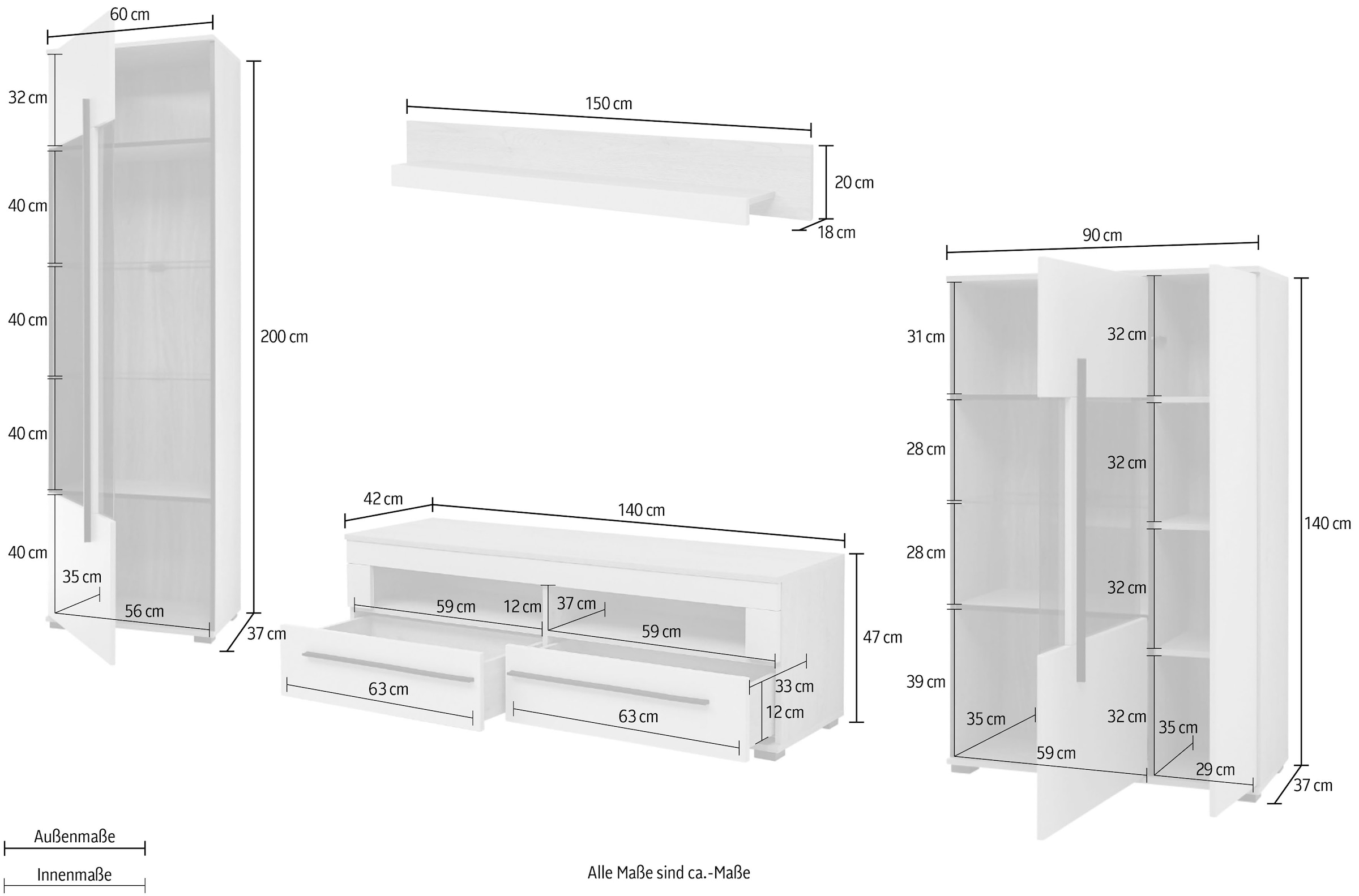 Home affaire Wohnwand »Cantara, Anbauwand, Wohnzimmer-Set, in Eiche Evoke, Weiß oder Kaschmir« Set, 