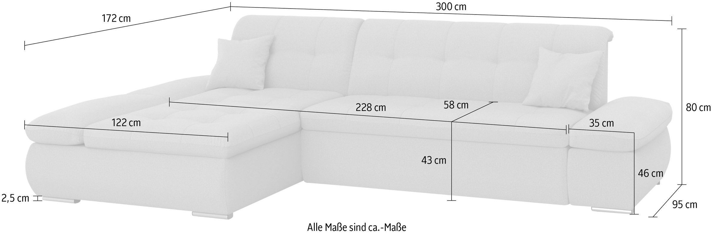 DOMO collection Ecksofa »Moric, L-Form, XXL-Sofa - Breite 300cm«, wahlweise mit Bettfunktion und Armteilverstellung, grau-eisblau