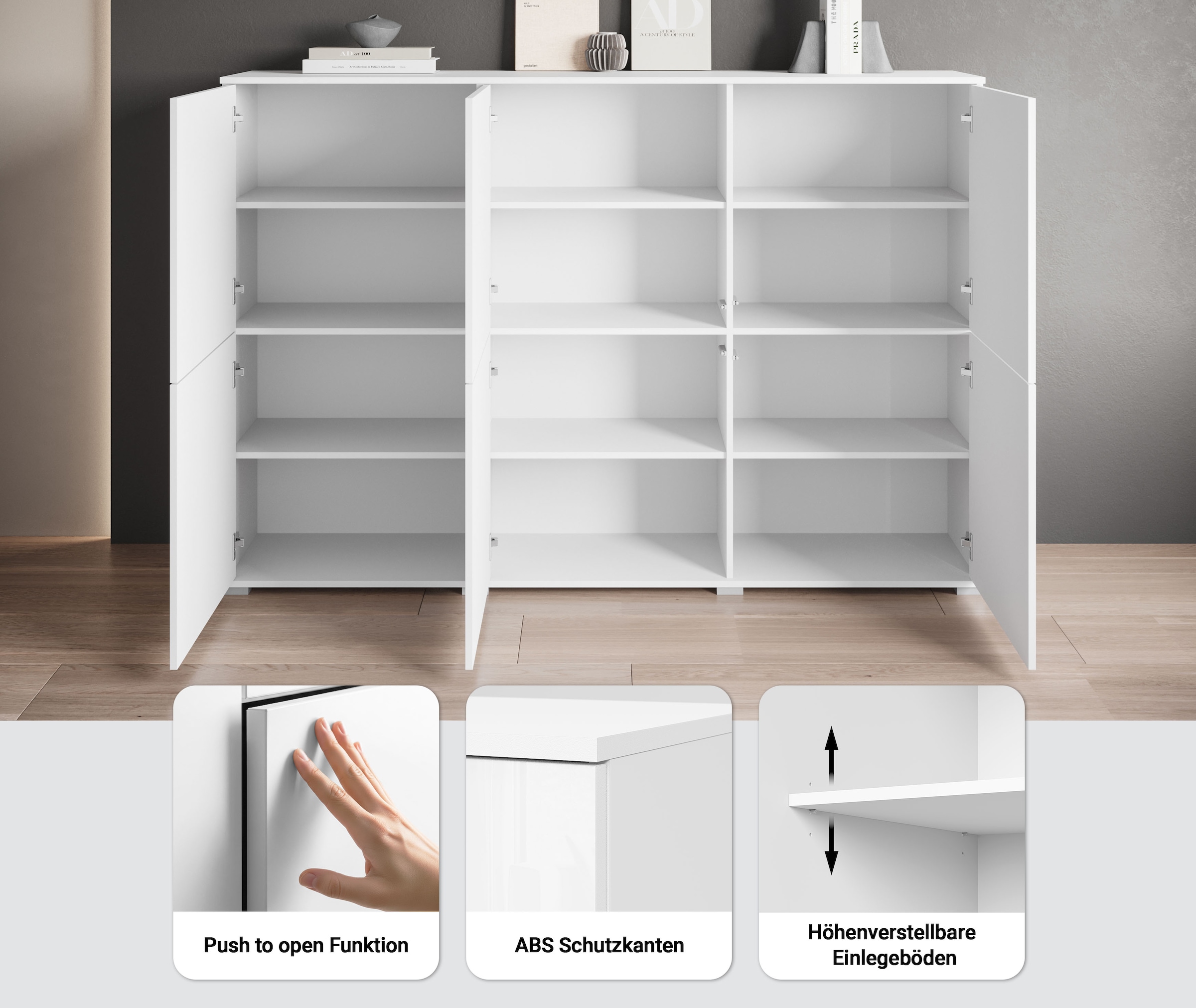 INOSIGN Highboard »Kenia, moderne grifflose Hochkommode mit 6 Türen, Breite 180 cm« 1 Stk. tlg. Push-to-Open-Fronten, höhenverstellbaren Einlegeböden
