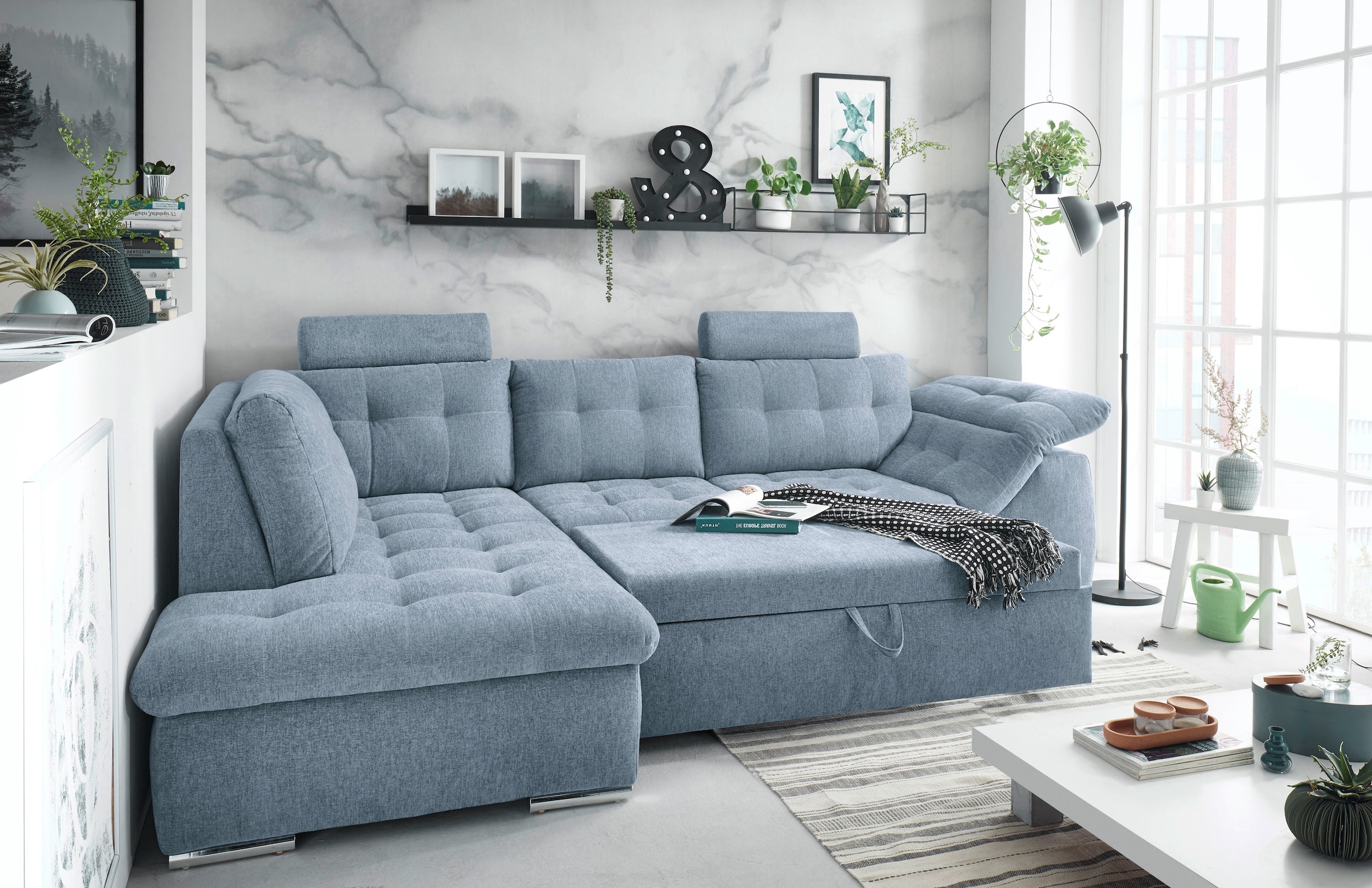 ED EXCITING DESIGN Ecksofa Oman, mit Bettfunktion, Bettkasten, Armteilverstellung und  Kopfstützen