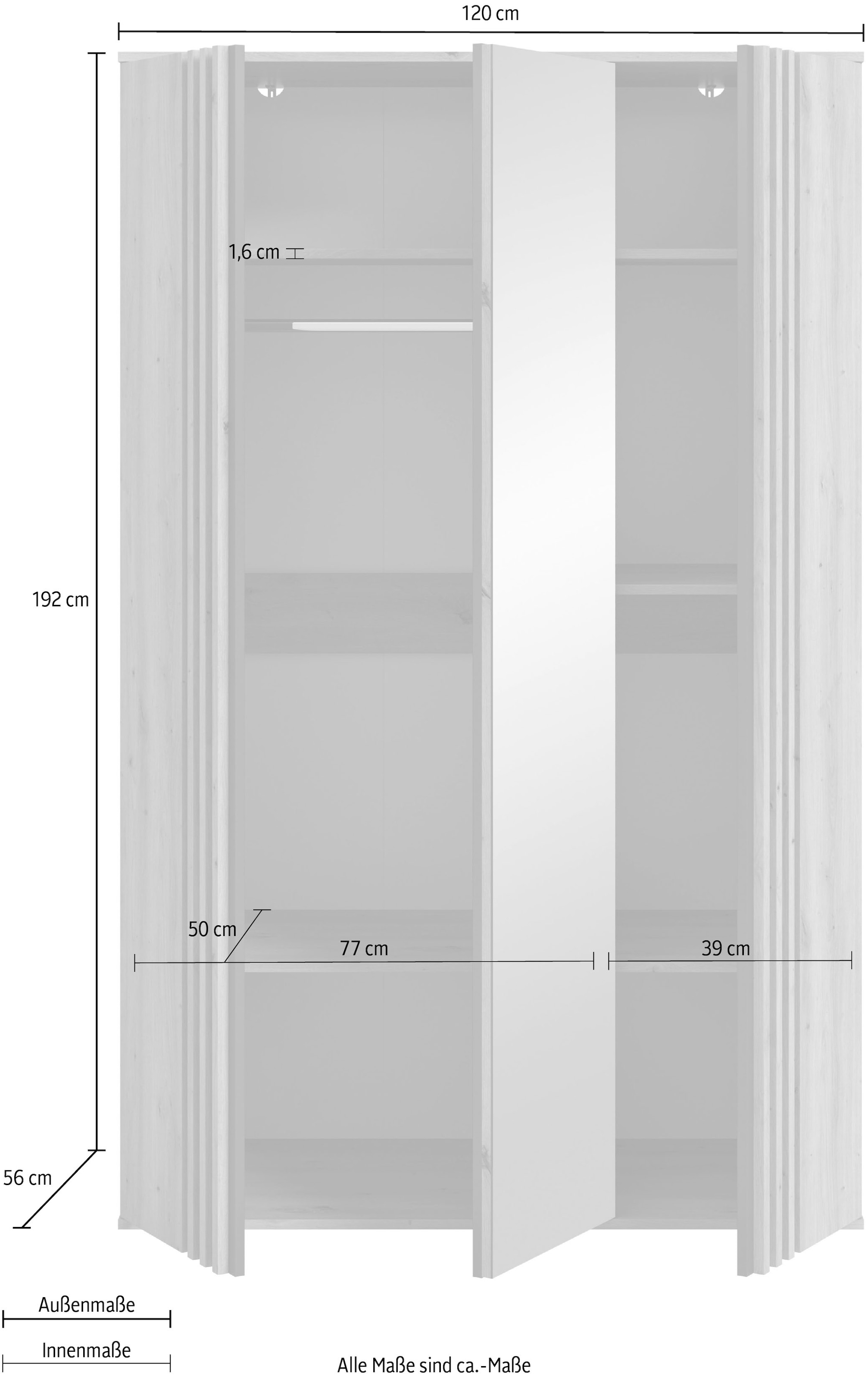 Home affaire Kleiderschrank »ALVA, Breite 120 cm, mit griffloser Front in Paneeloptik, Schrank« Schlafzimmerschrank in weiteren Ausführungen erhältlich,  3 Türen, davon 1 Spiegeltür, 1 Kleiderstange, 5 Einlegeböden