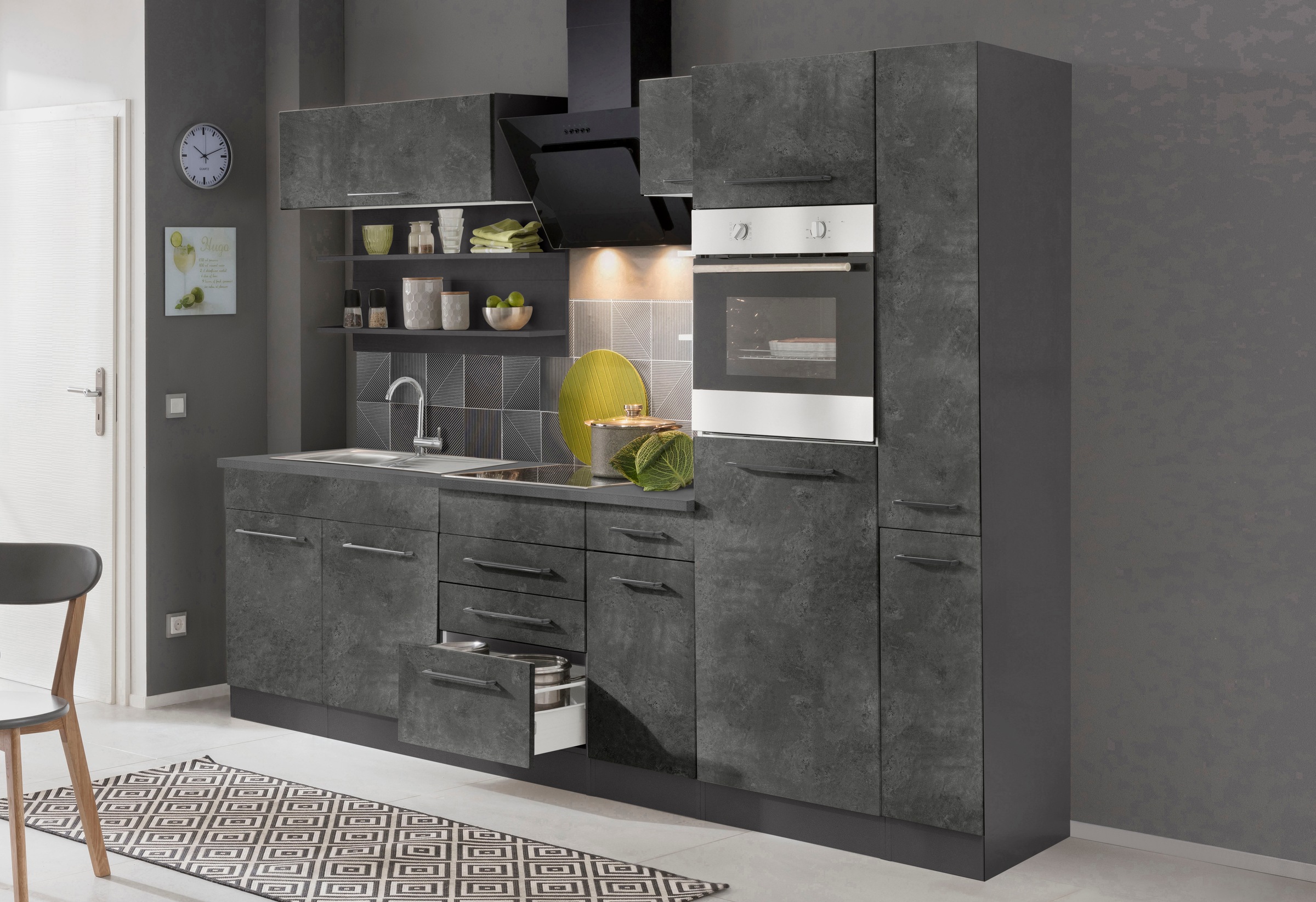 KOCHSTATION Küchenzeile »KS-Tulsa«, mit E-Geräten, Breite 270 cm, schwarze Metallgriffe, MDF Fronten
