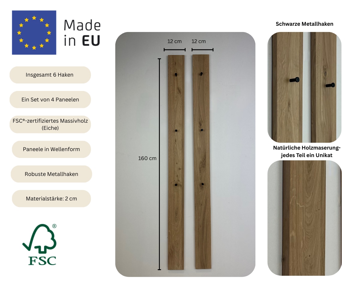 OTTO home Garderobenpaneel »Brodi« B/T/H: 160/20/17 cm, 2 Stk. tlg. aus massiver Eiche, FSC®-zertifiziert