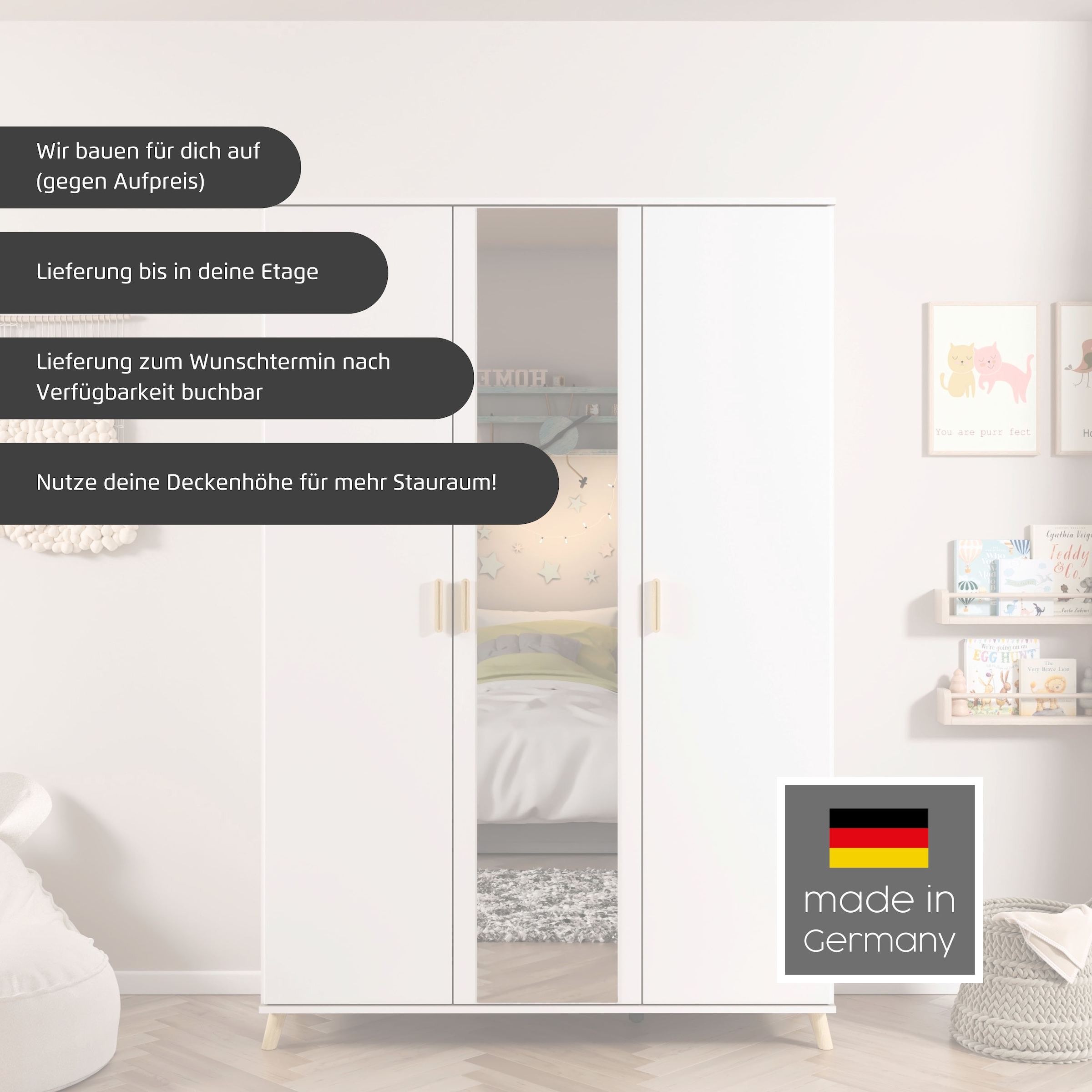 rauch Kleiderschrank »Ottos Choice Skandi Kinderzimmer Bestseller Schlafzimmerschrank FALUN« Breite 137/182, Höhe 203 cm,  im modernen Skandi-Look, Füße/Griffe Eiche massiv MADE IN GERMANY