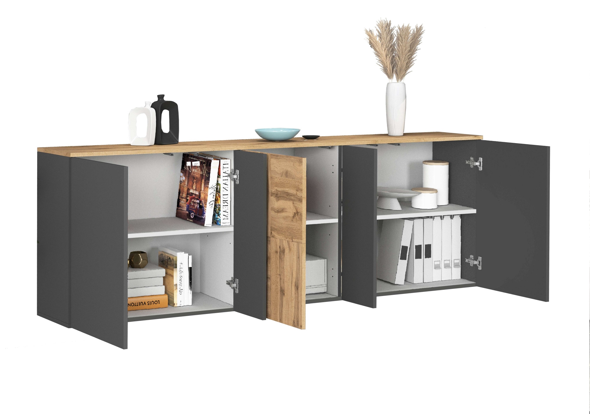 OTTO home Sideboard »ISEO, Kommode, Schrank, Sideboard, Lowboard, 6 Fächer, Breite 200 cm« 1 Stk. tlg. stehend/hängend, 5 Türen, 6 Fächer, Breite 200 cm