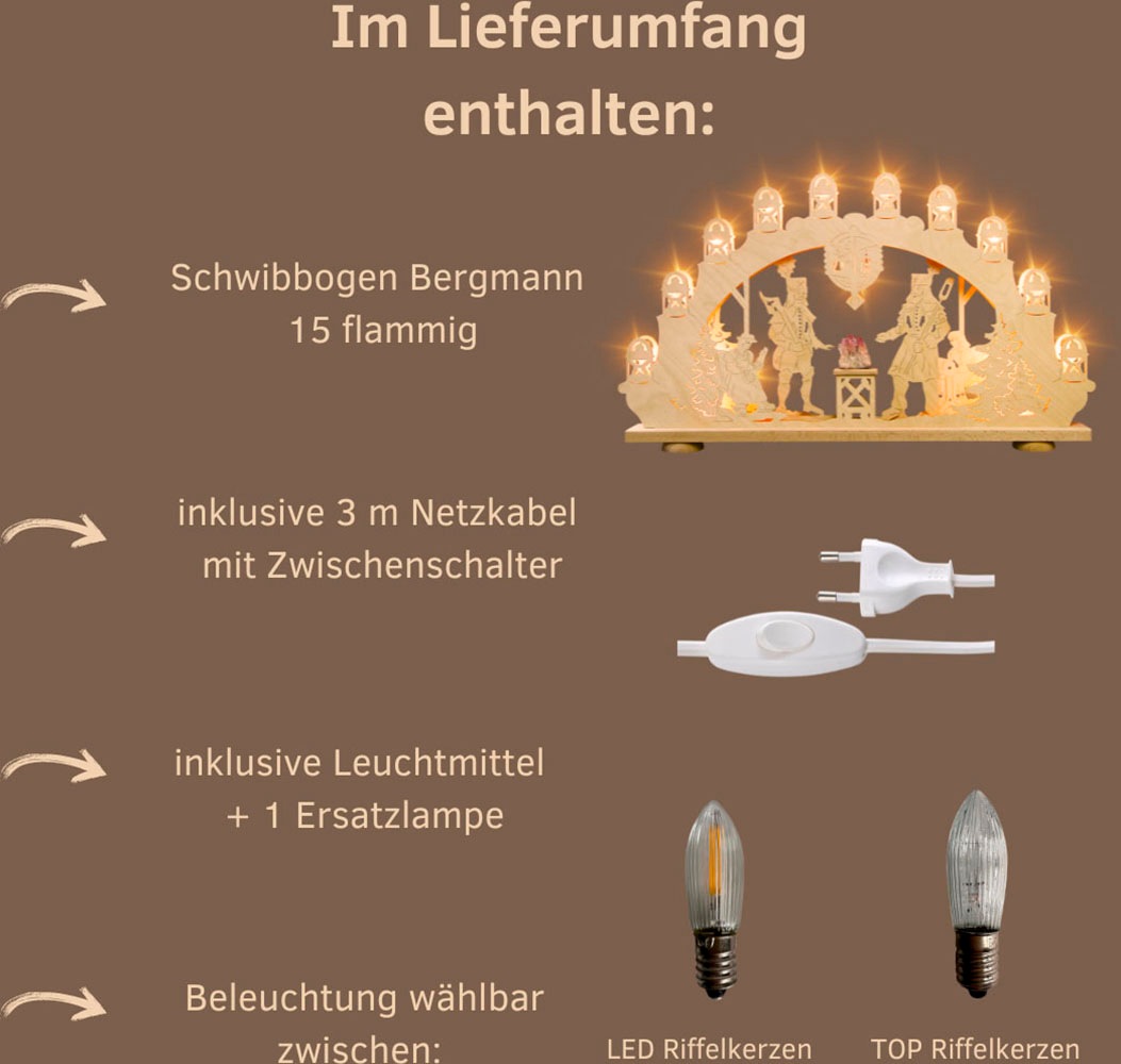 Weigla LED Schwibbogen »Bergmann mit Amethyst, Lichterbogen aus Holz, NATUR«, Erzgebirge garantiert, Weihnachtsdeko Innen, Weihnachtsbeleuchtung