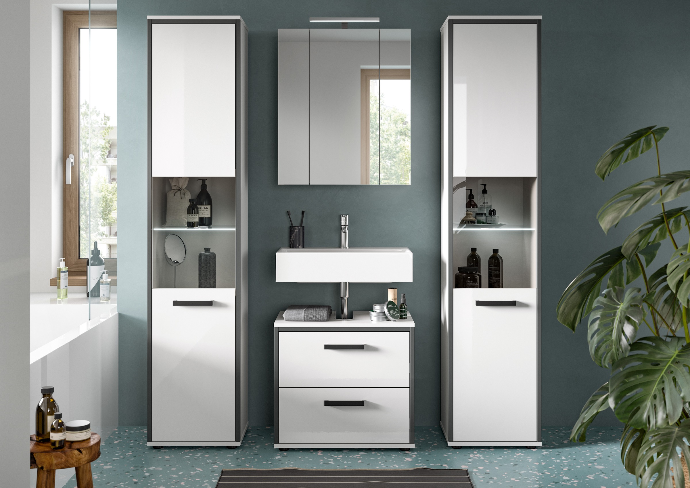 welltime Badmöbel-Set »KAJO, 4-tlg. Badkombination, weiß hochglanz inkl.Beleuchtung« Set, Set, best. aus: 2 Hochschränken,WBU,Spiegelschrank,Beleuchtung, 7 Stk. tlg.